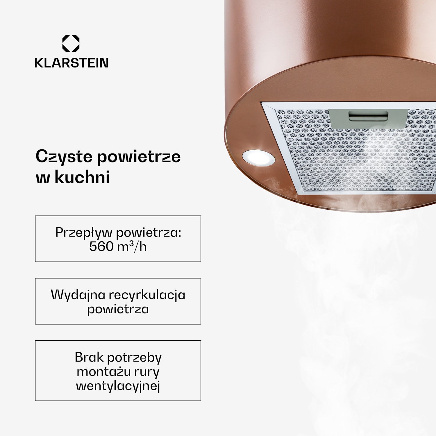 Barett, okap kuchenny wyspowy, pochłaniacz, Ø 35 cm, 590 m³/h, LED, filtr węglowy, kolor miedziany Miedź metaliczna