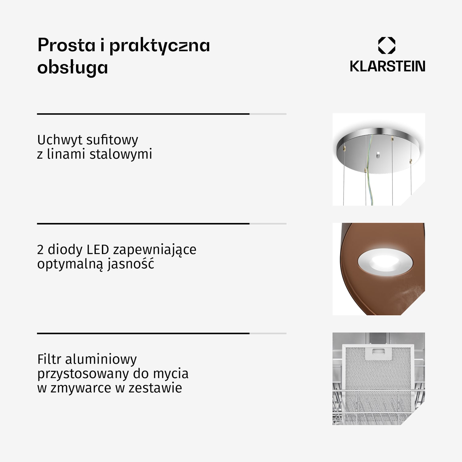 Okap wyspowy Barett Ø35 cm, tryb recyrkulacji, wydajność 522 m³/h, oświetlenie LED, filtr z węglem aktywnym Miedź