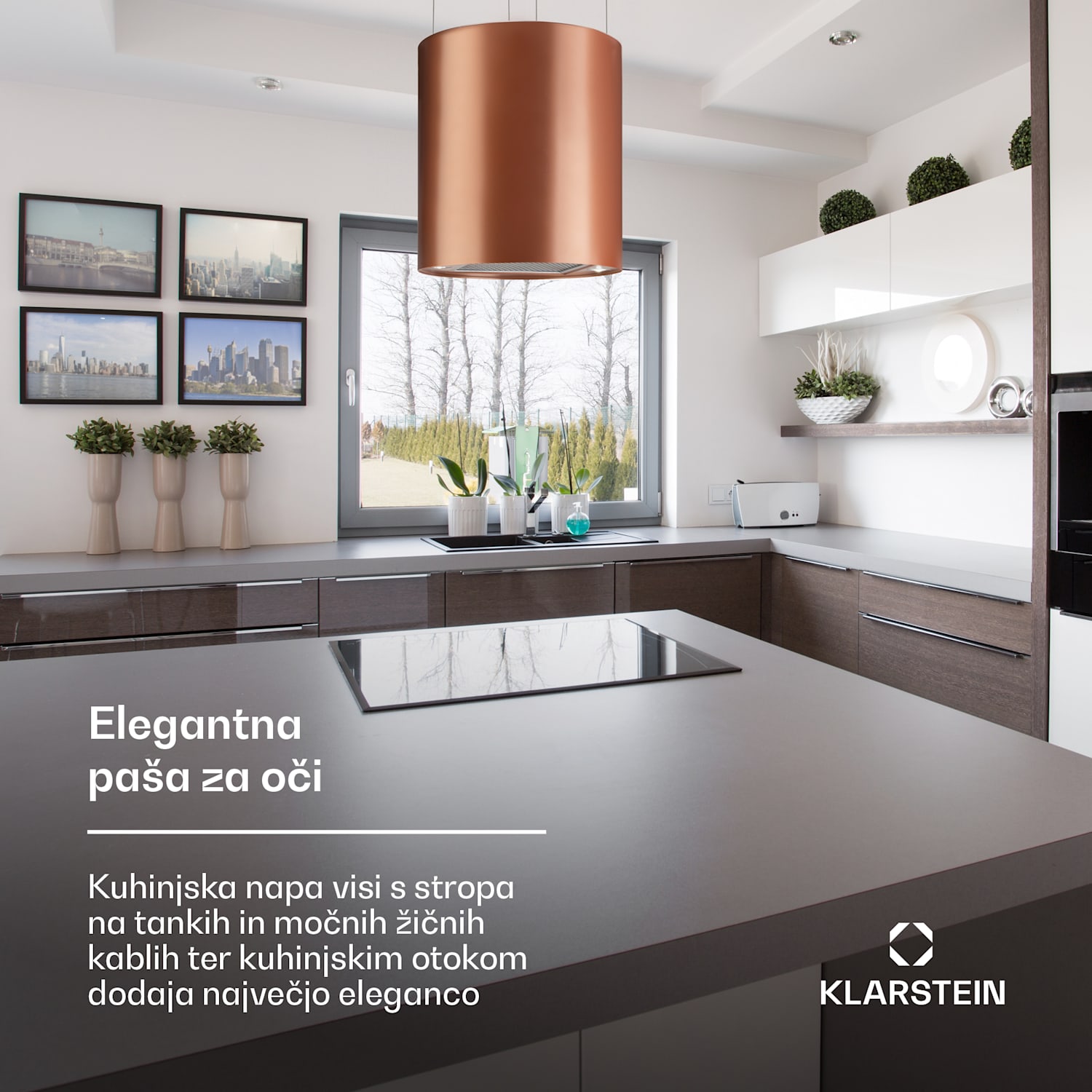 Barett, otočna napa, Ø 38 cm, recirkulacija zraka 590 m³/h, LED, bakrena Kovinski baker