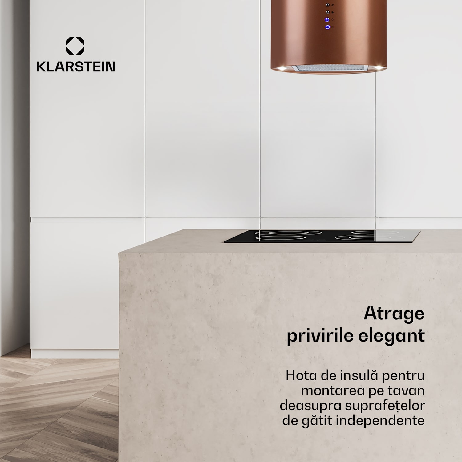 Baretta, hotă suspendată, Ø 35 cm, recirculare a aerului 560 m³/h, LED, cupru Cupru metalic