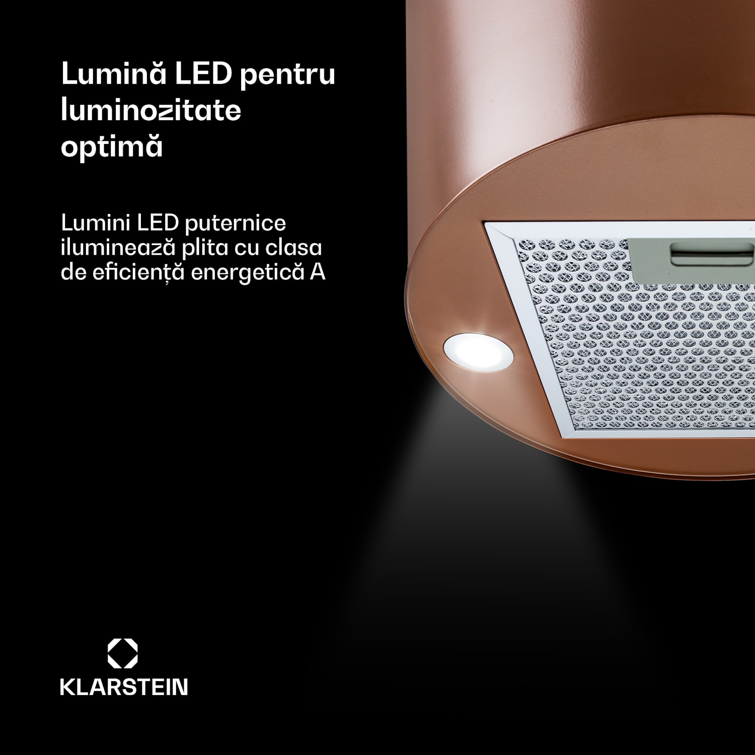 Baretta, hotă suspendată, Ø 35 cm, recirculare a aerului 560 m³/h, LED, cupru Cupru metalic