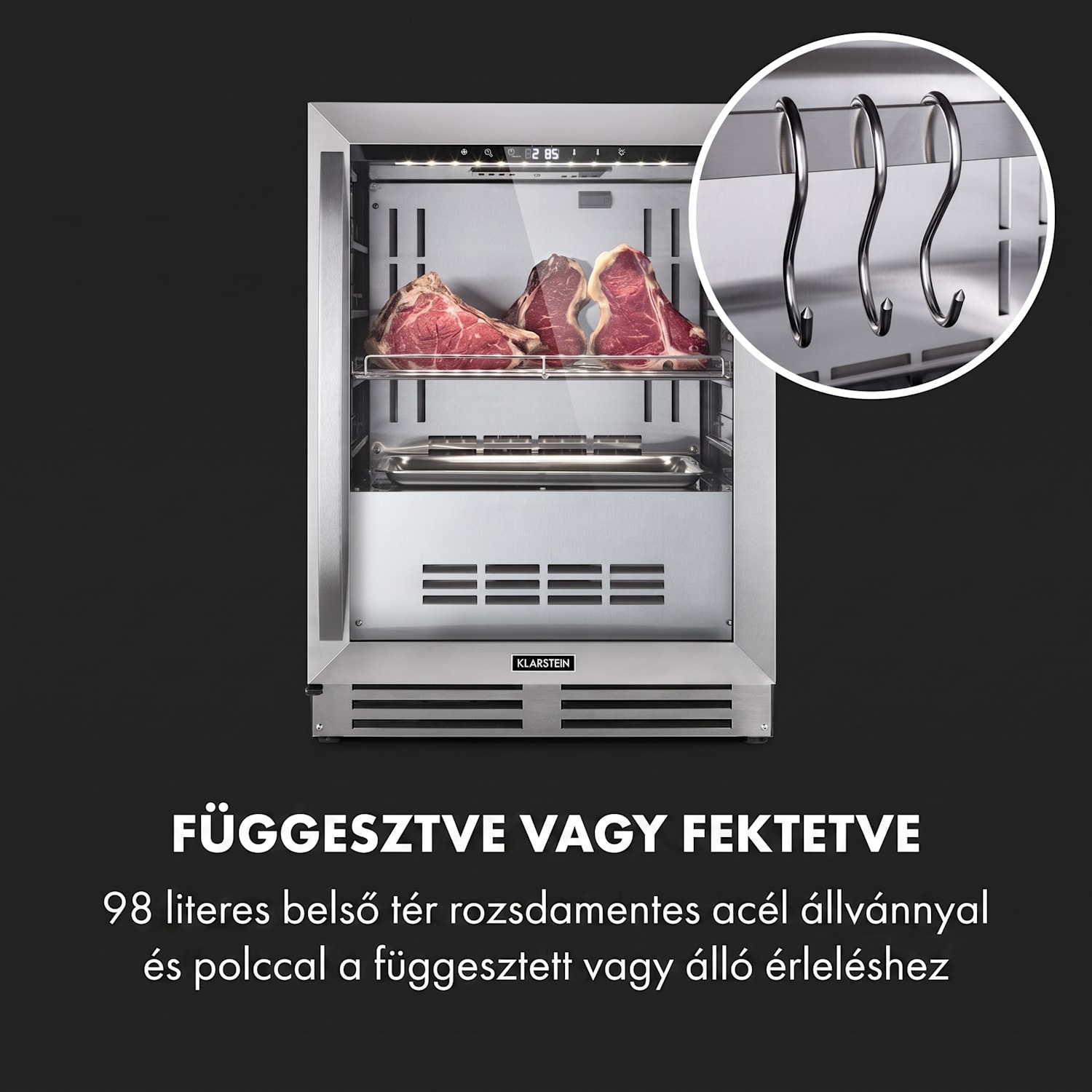 Steakhouse Pro, húsérlelő hűtőszekrény, 1 zóna, 98 liter, 1 – 25 °C, érintős, rozsdamentes acél Rozsdamentes acél