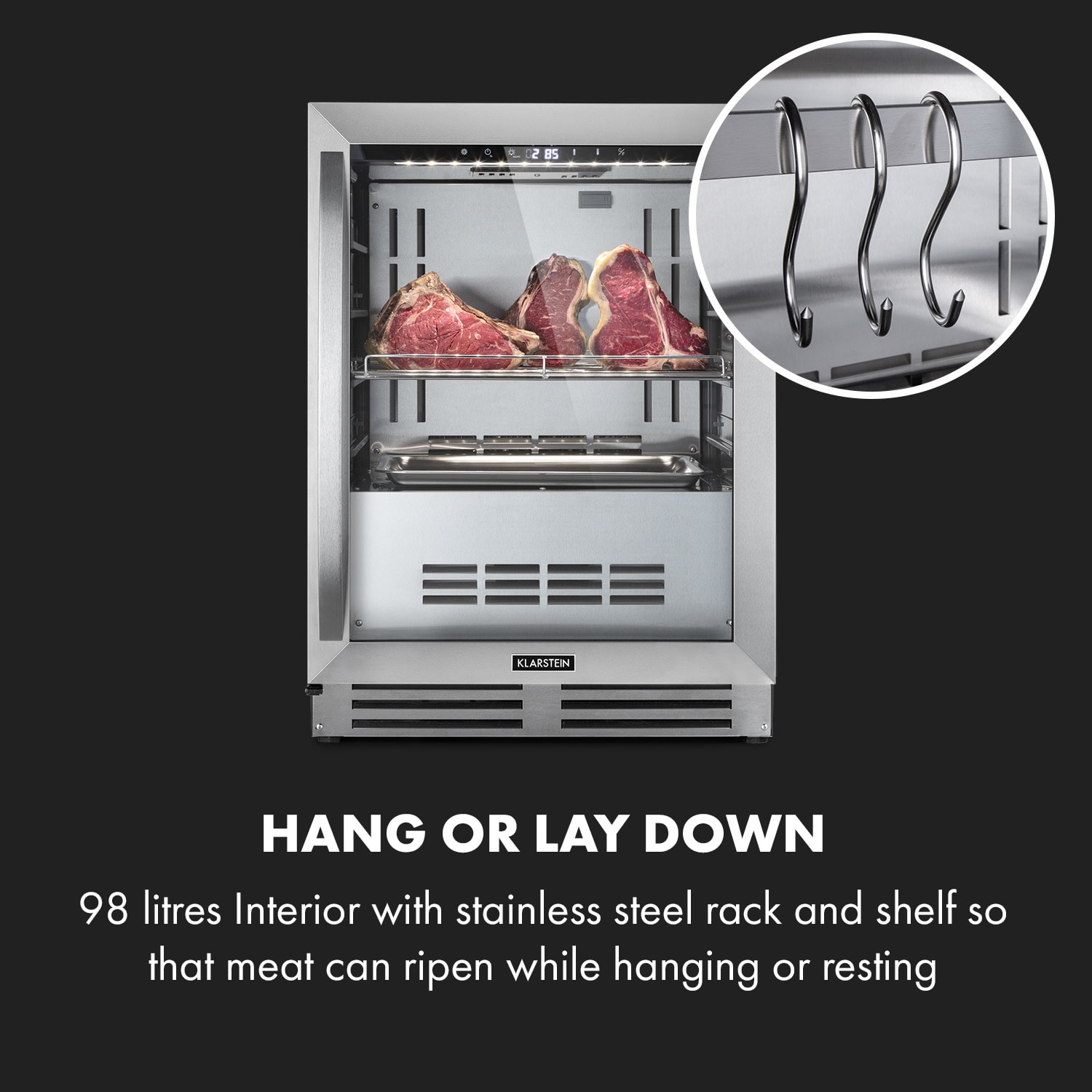 Steakhouse Pro, chladnička na zrenie mäsa, 1 zóna, 98 l, 1–25°C, dotyková, nehrdzavejúca oceľ Nehrdzavejúca oceľ