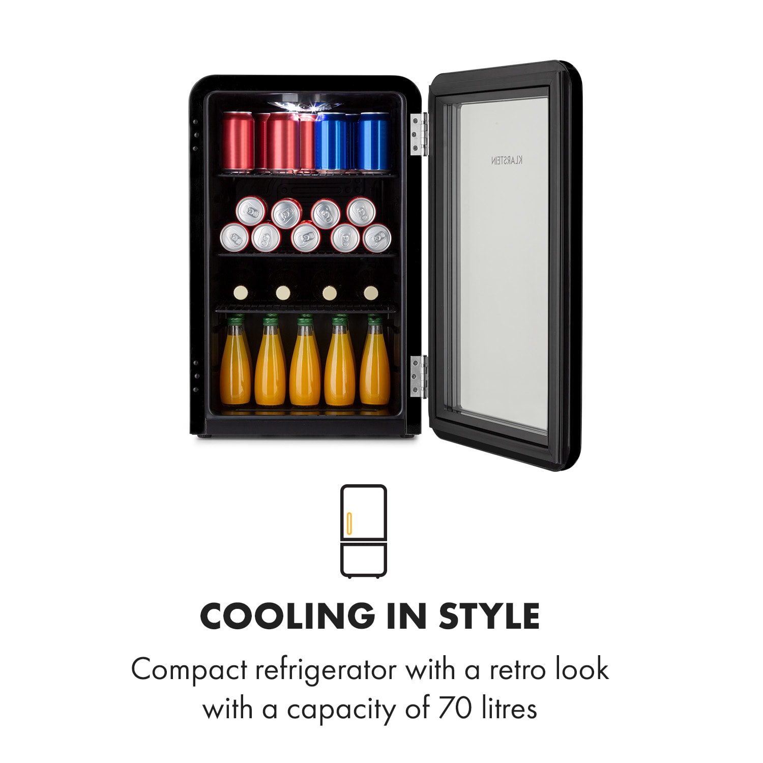 PopLife 70, lodówka na napoje, chłodziarka, 70 l, 0-10°C, styl retro, LED Czarny