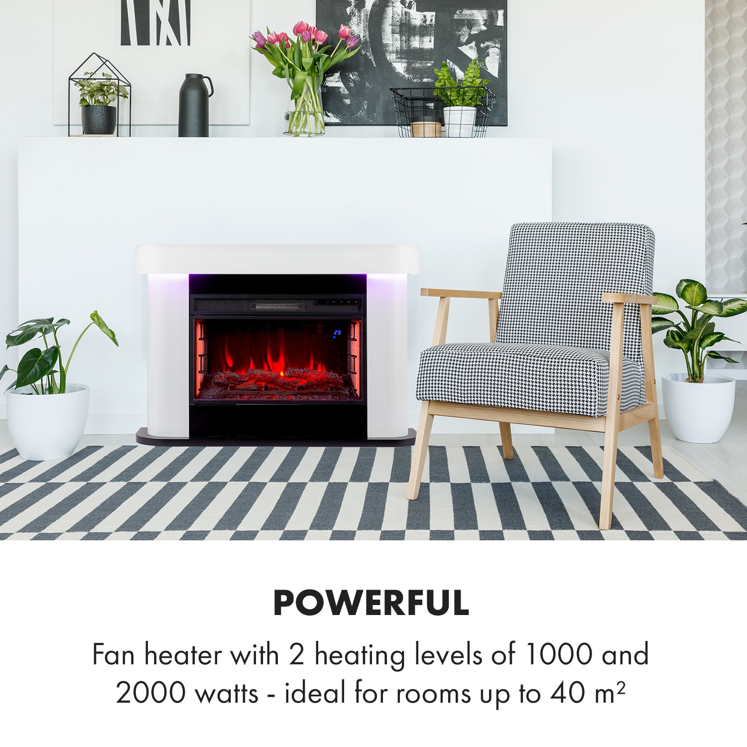 Aargua Smart, elektrický krb, 1000/2000 W, LED, 18–27 °C, týdenní časovač, bílý