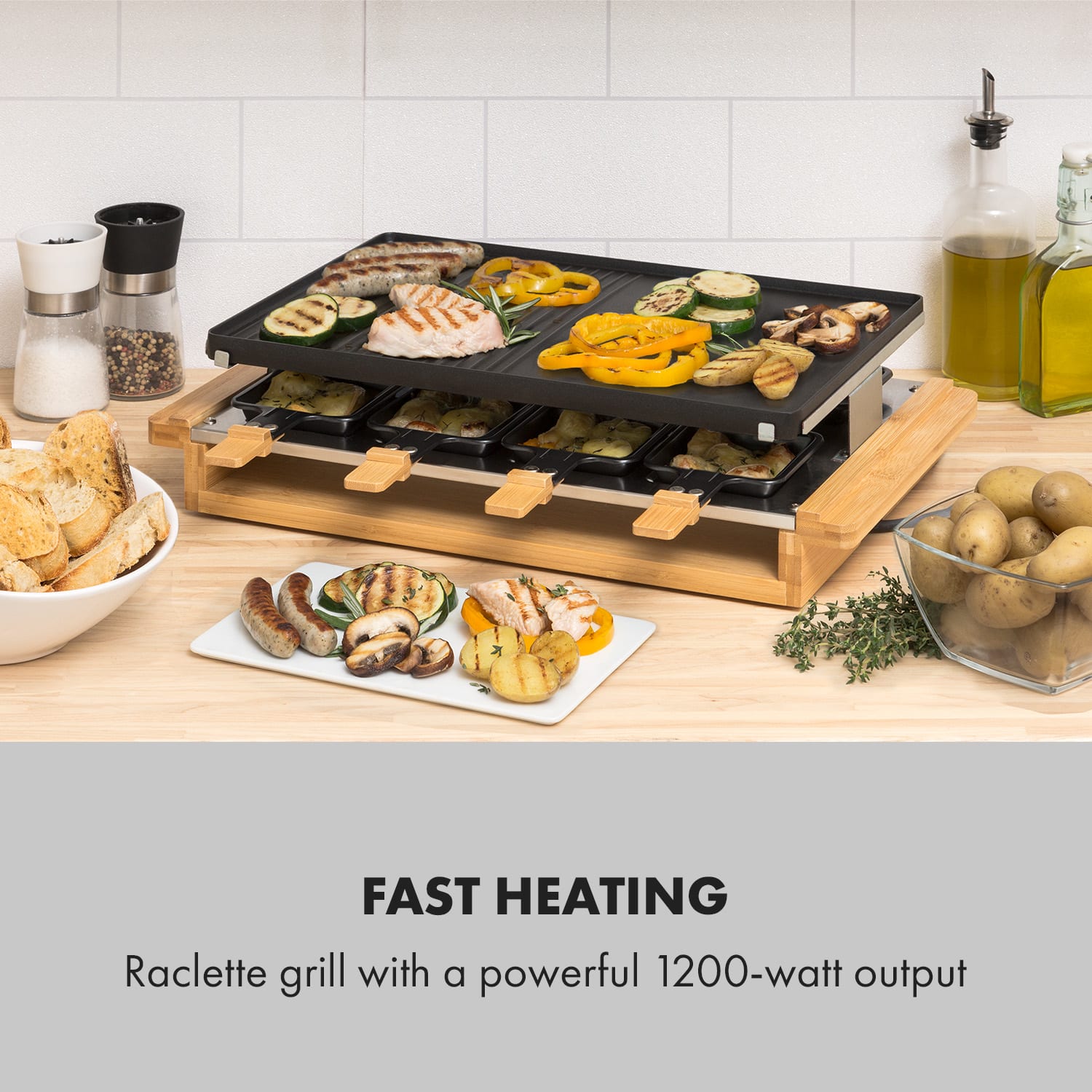 Tournedo, grill raclette, grill elektryczny, 1200 W, odlew aluminiowy, 8 osób, zdobienie drewniane 