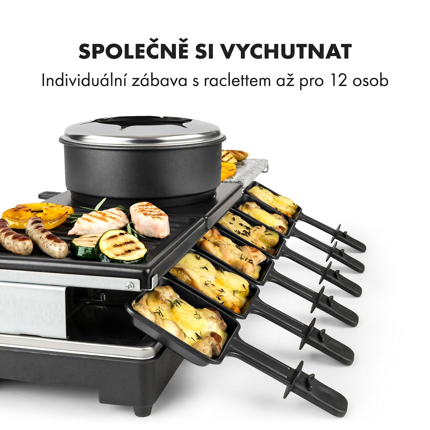 Fonduelette XL, raclette gril, fondue, 3 v 1, 1650 W, pro 12 osob, přírodní kámen 
