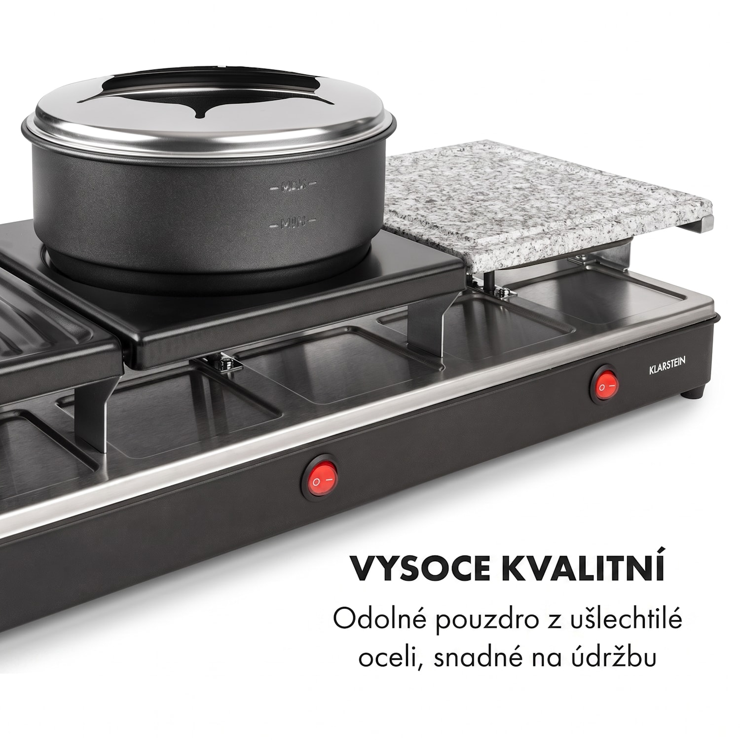 Fonduelette XL, raclette gril, fondue, 3 v 1, 1650 W, pro 12 osob, přírodní kámen 