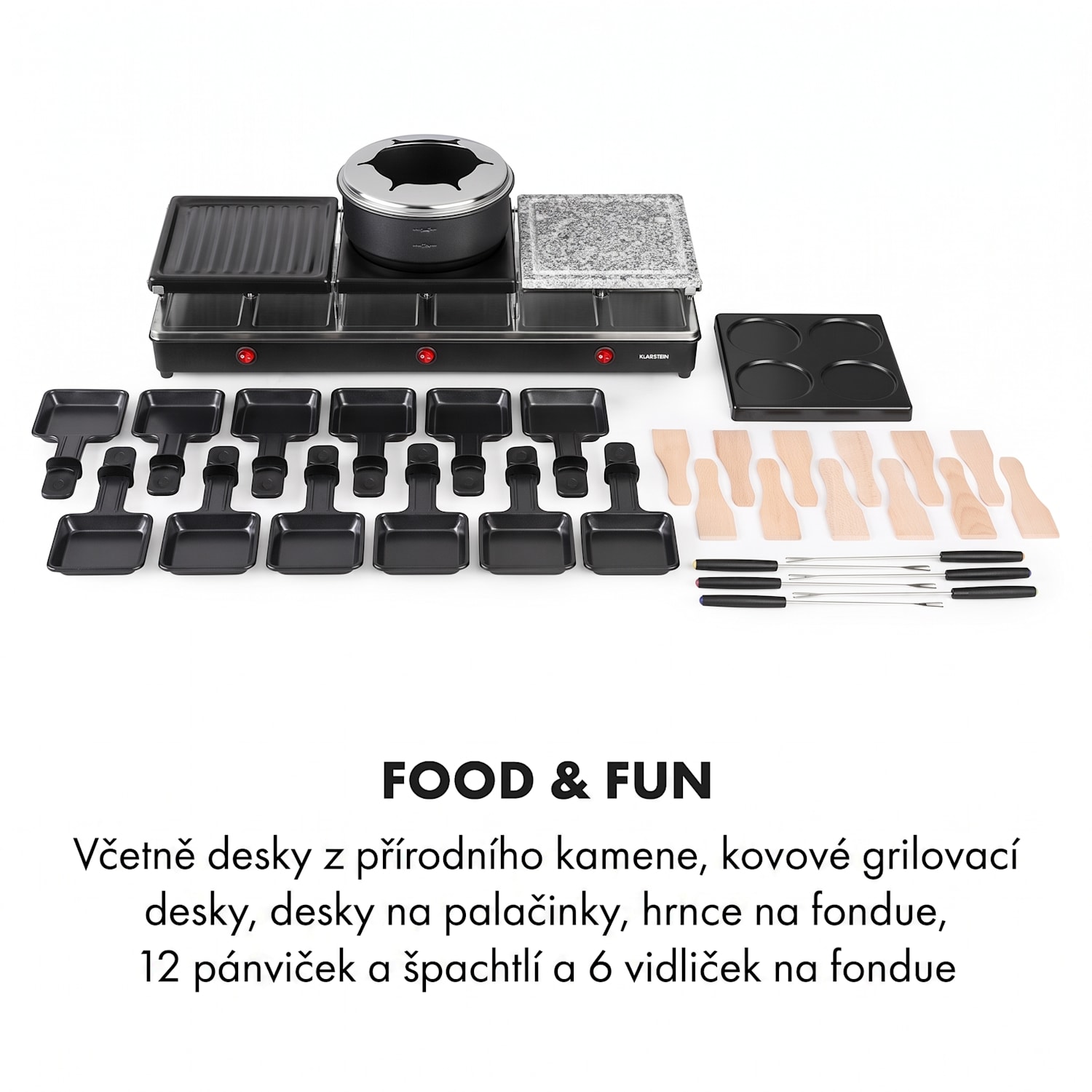 Fonduelette XL, raclette gril, fondue, 3 v 1, 1650 W, pro 12 osob, přírodní kámen 