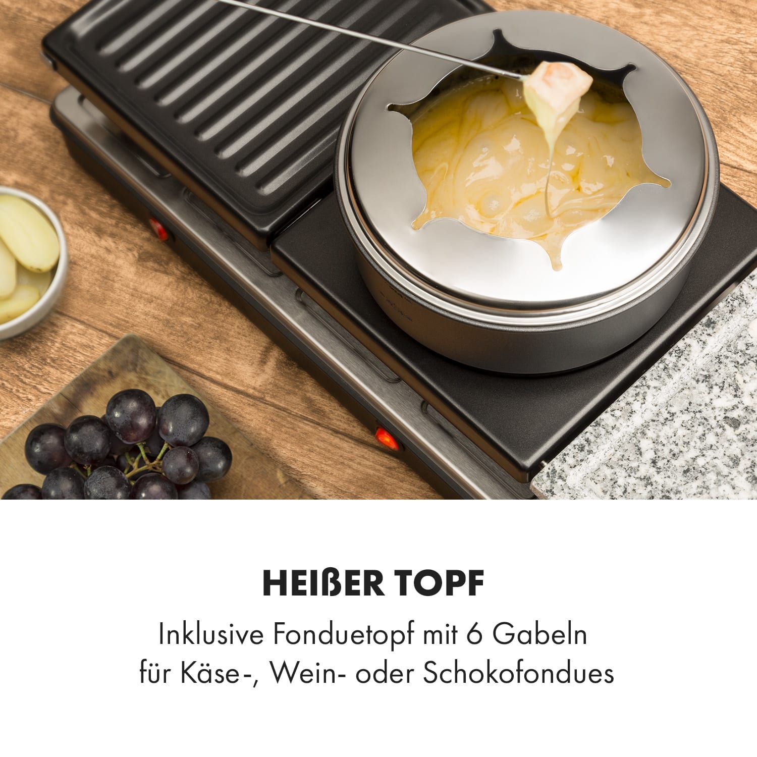 Fonduelette XL 3-in-1 Raclettegrill Fondue Naturstein 1650W 12 Pers 