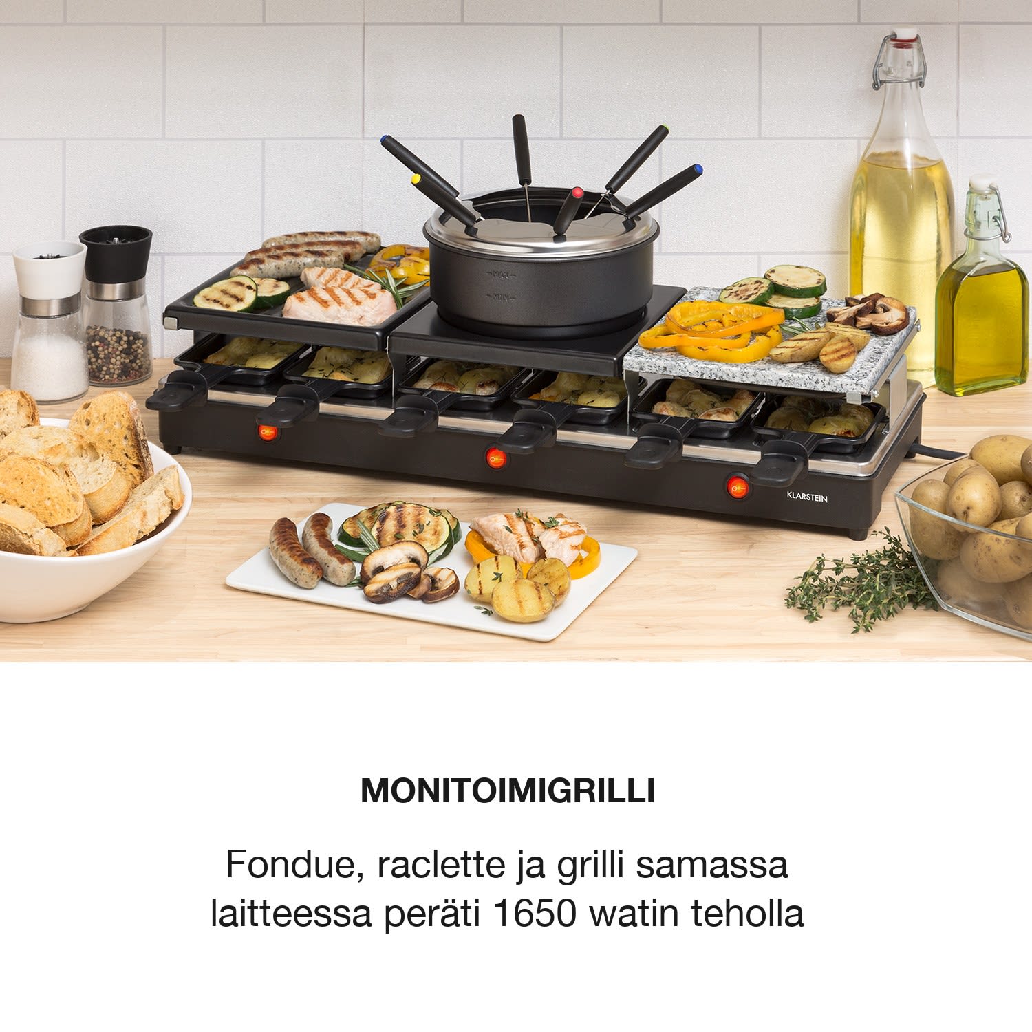 Fonduelette XL, 3 in 1, raclettegrilli & fondue, luonnonkiveä, 1650 W, 12 hengelle 