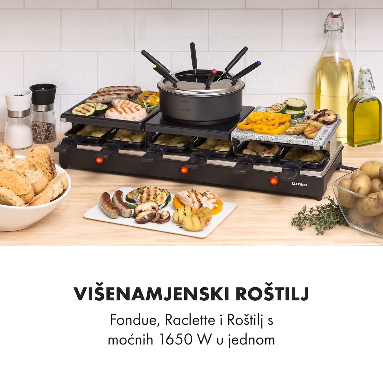 Fonduelette XL, 3 u 1 raclette roštilj i fondue, prirodni kamen, 1650 W, 12 osoba 