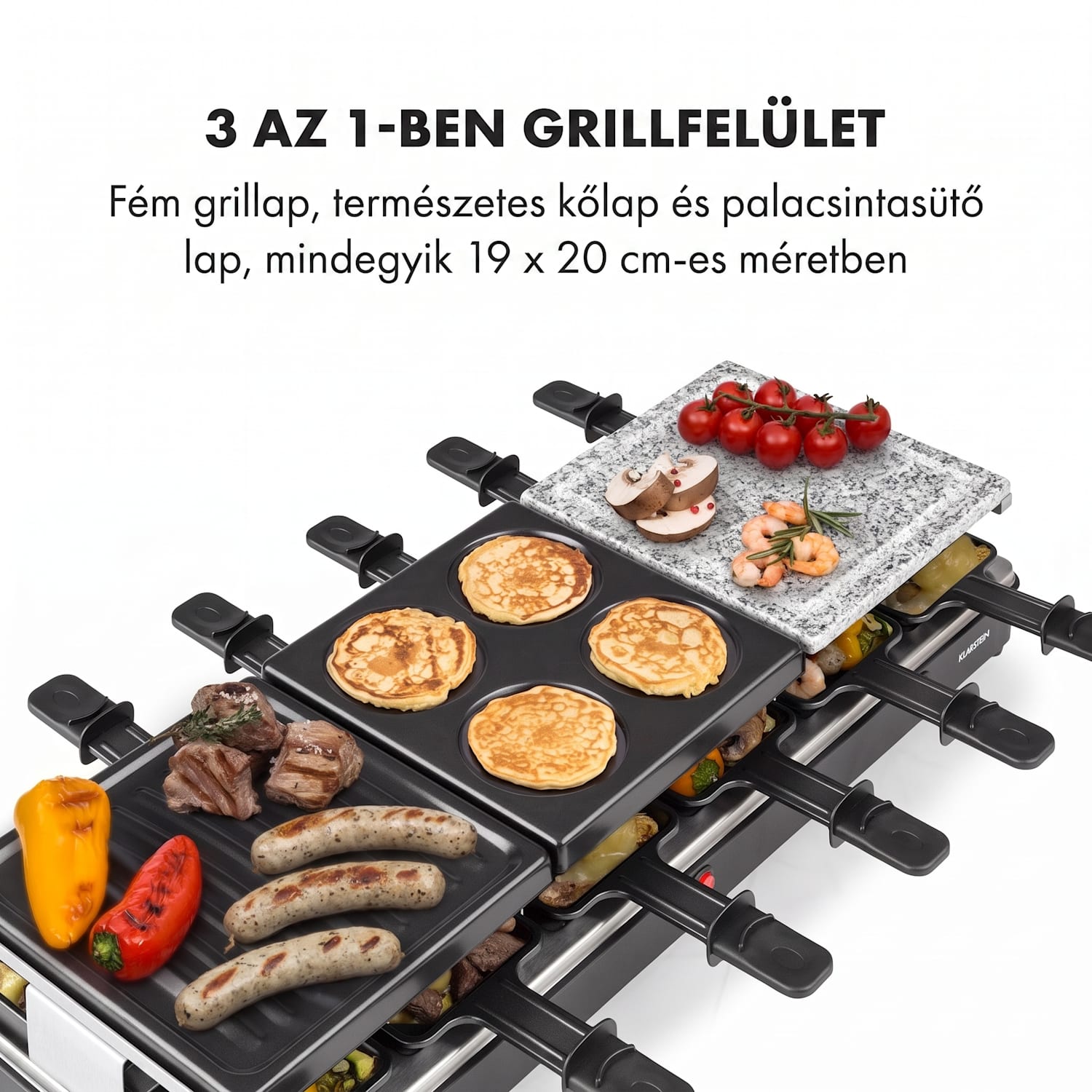 Fonduelette XL, 3 az 1-ben raclette grill fonduevel, 1650 W, természetes kő, 12 személyre 
