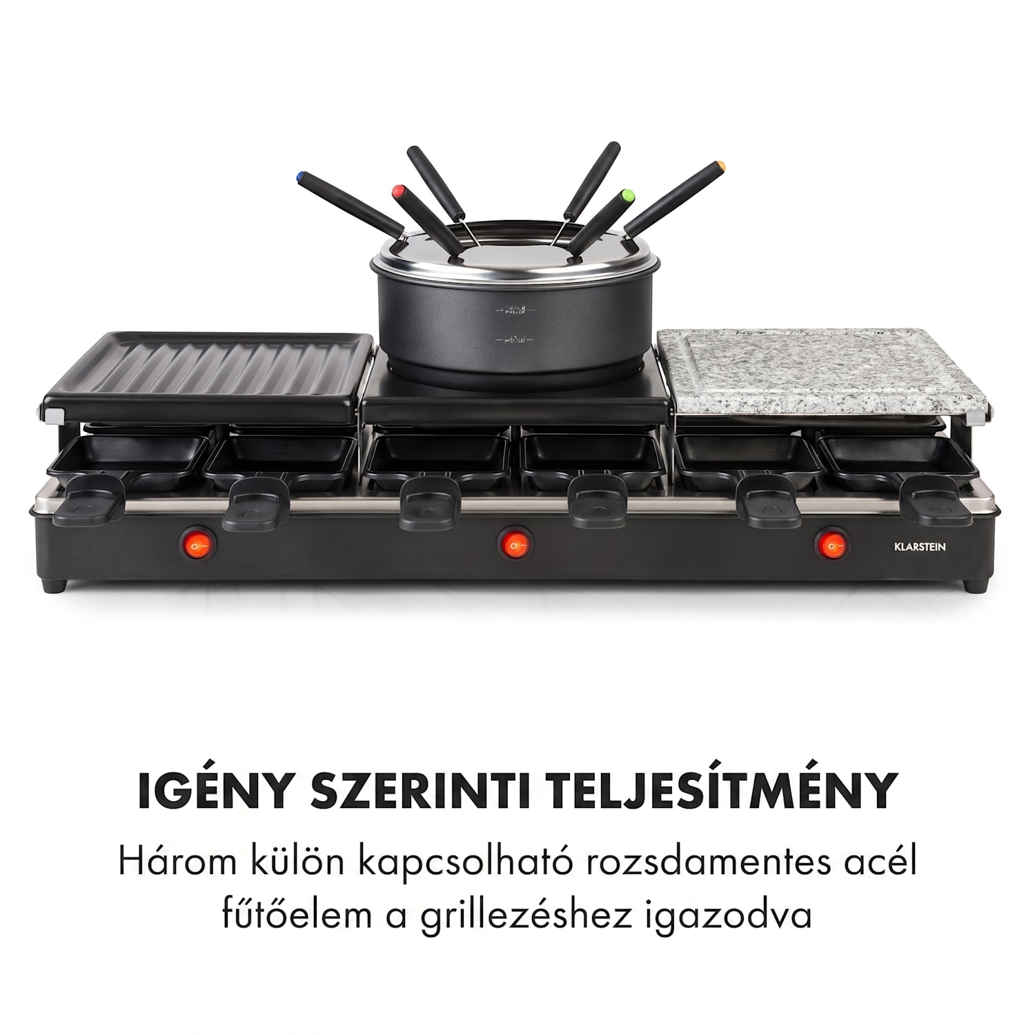 Fonduelette XL, 3 az 1-ben raclette grill fonduevel, 1650 W, természetes kő, 12 személyre 
