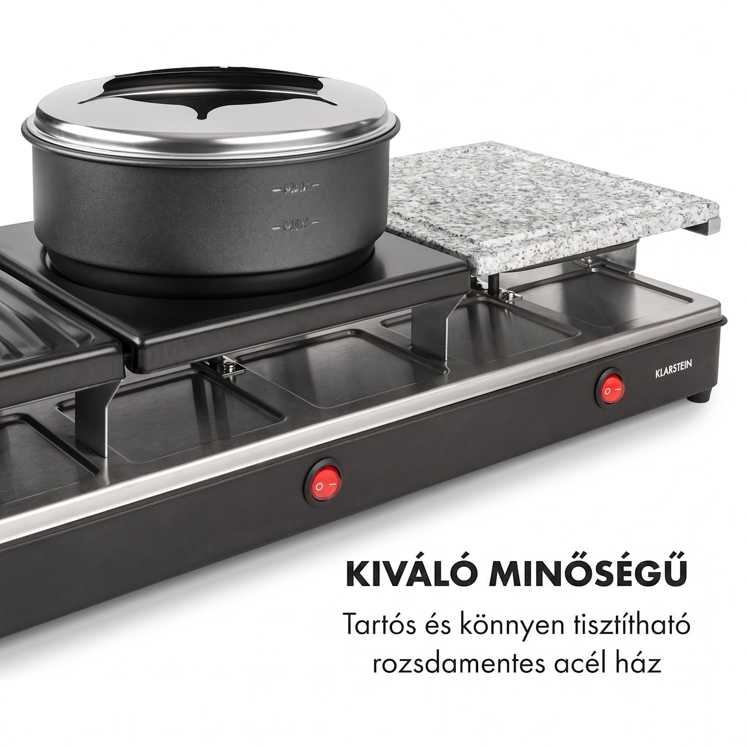 Fonduelette XL, 3 az 1-ben raclette grill fonduevel, 1650 W, természetes kő, 12 személyre 