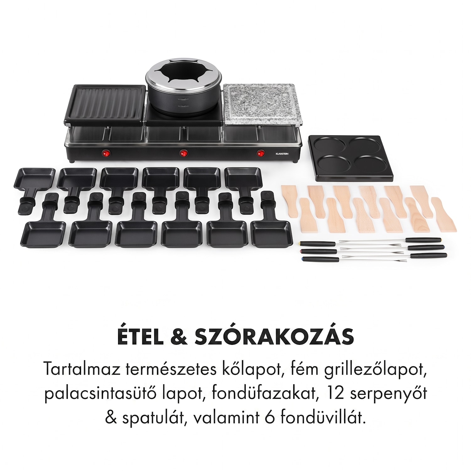 Fonduelette XL, 3 az 1-ben raclette grill fonduevel, 1650 W, természetes kő, 12 személyre 