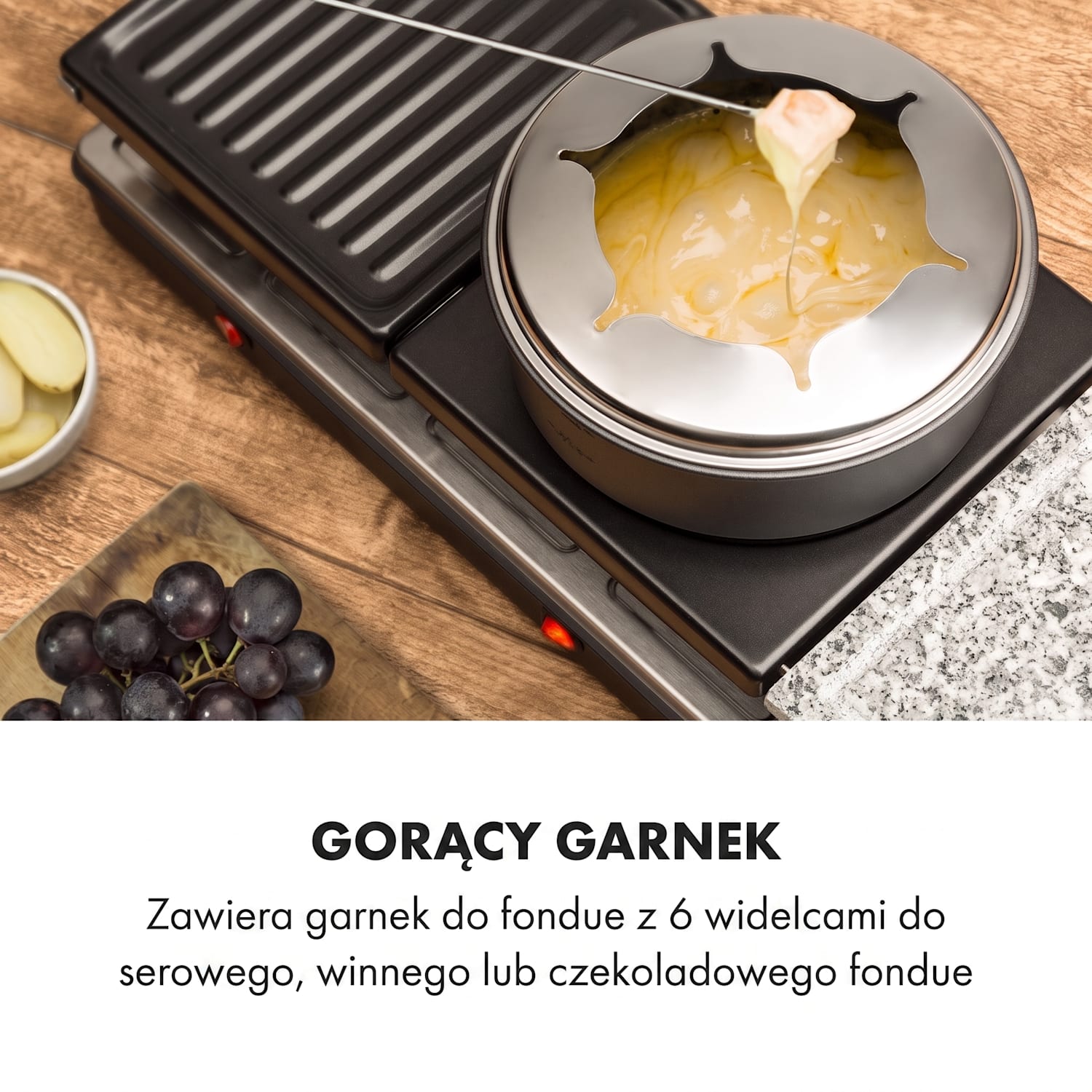 Fonduelette XL, grill elektryczny, raclette i fondue, 3 w 1, kamień naturalny, 1650 W, 12 osób 