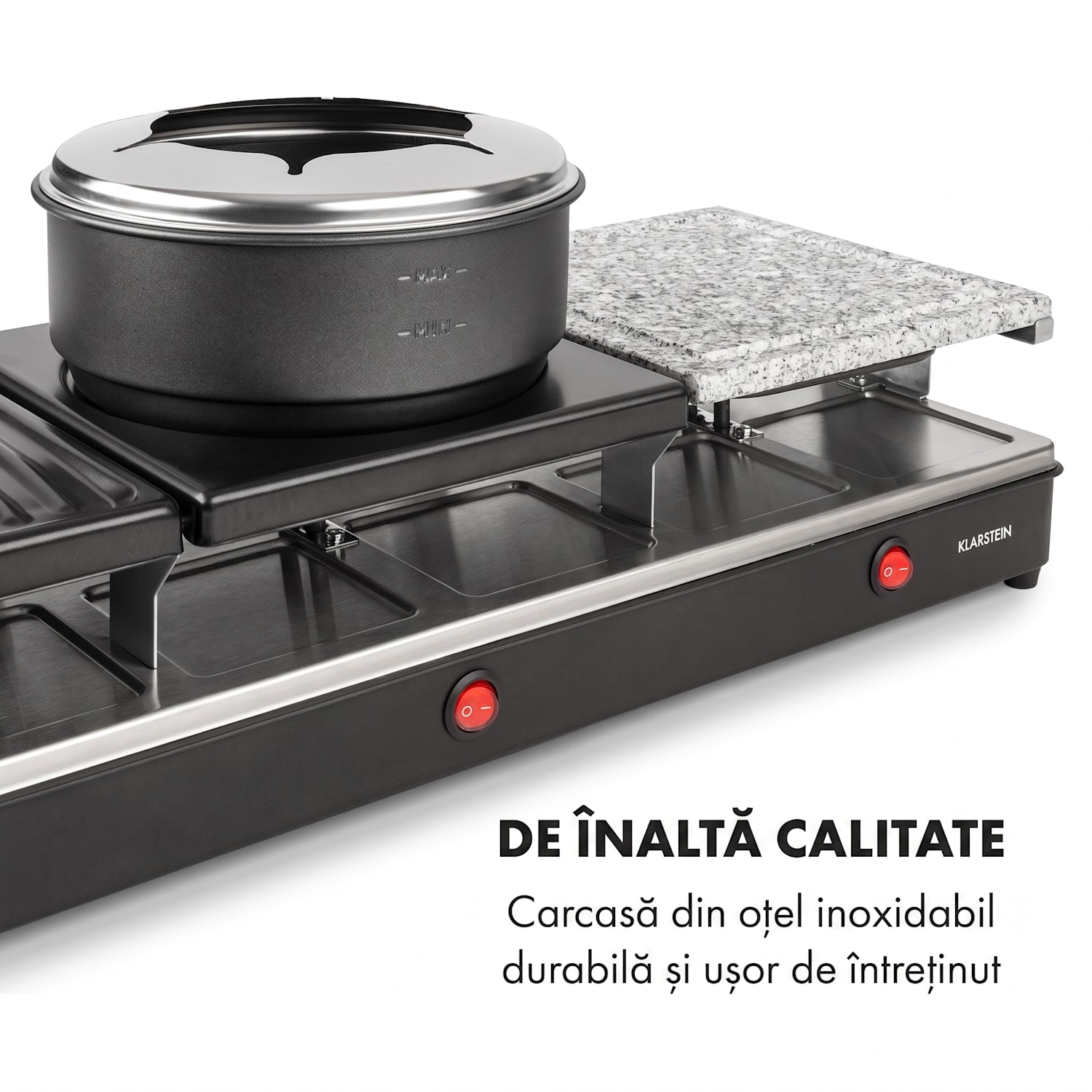 Fonduelette XL, 3 în 1 raclette grill & fondue, piatră naturală, 1650 W, 12 Persoane 