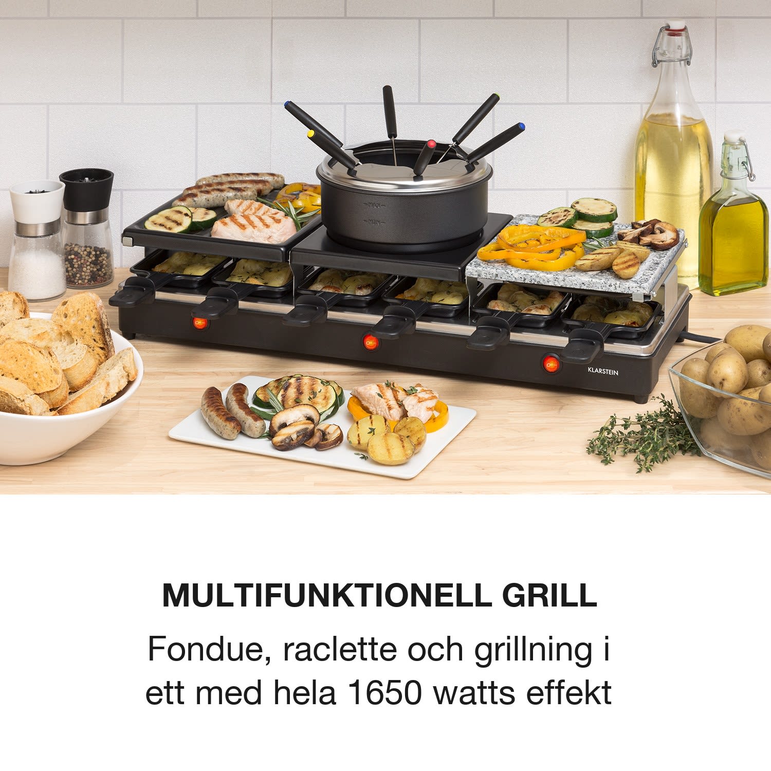 Fonduelette XL 3-in-1 Raclettegrill & fondue natursten 1650W 12 Personer 
