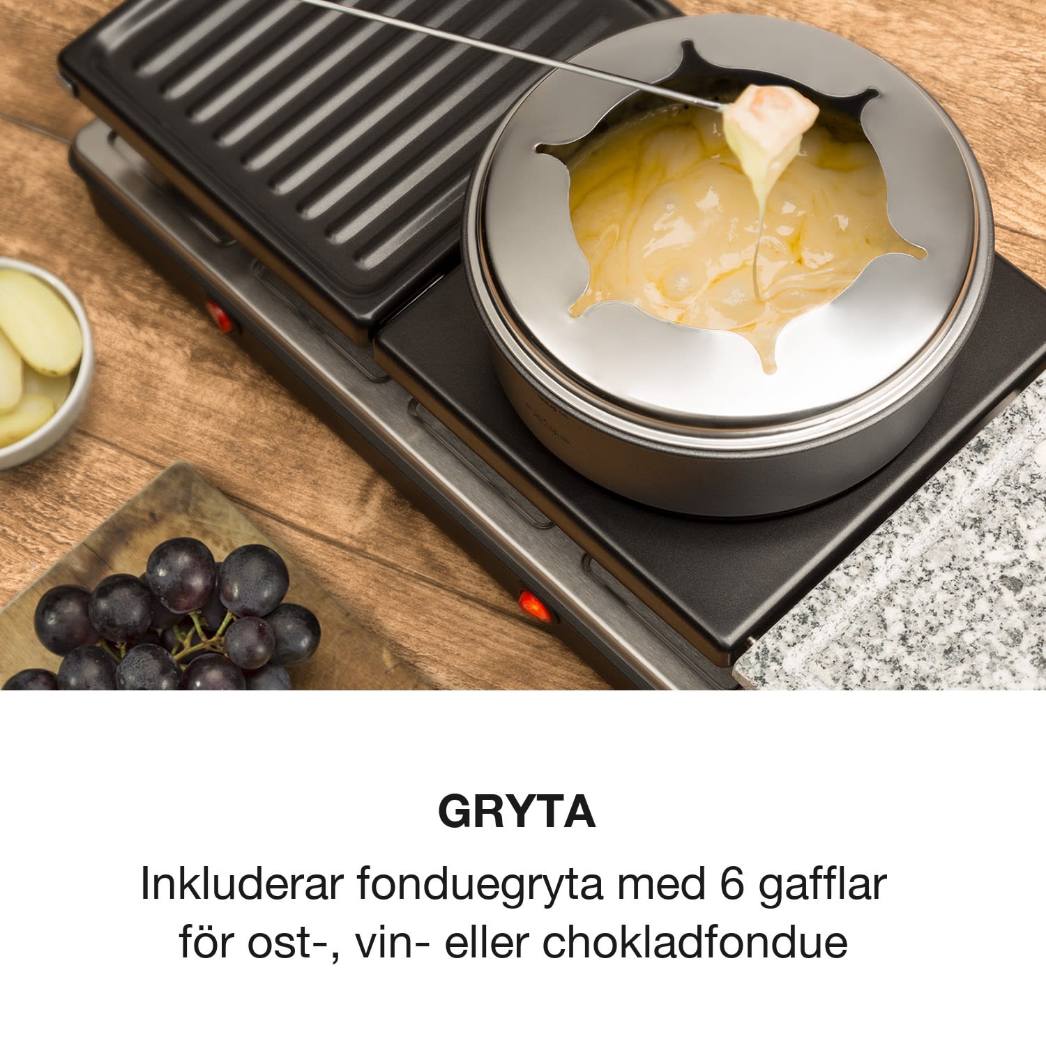 Fonduelette XL 3-in-1 Raclettegrill & fondue natursten 1650W 12 Personer 