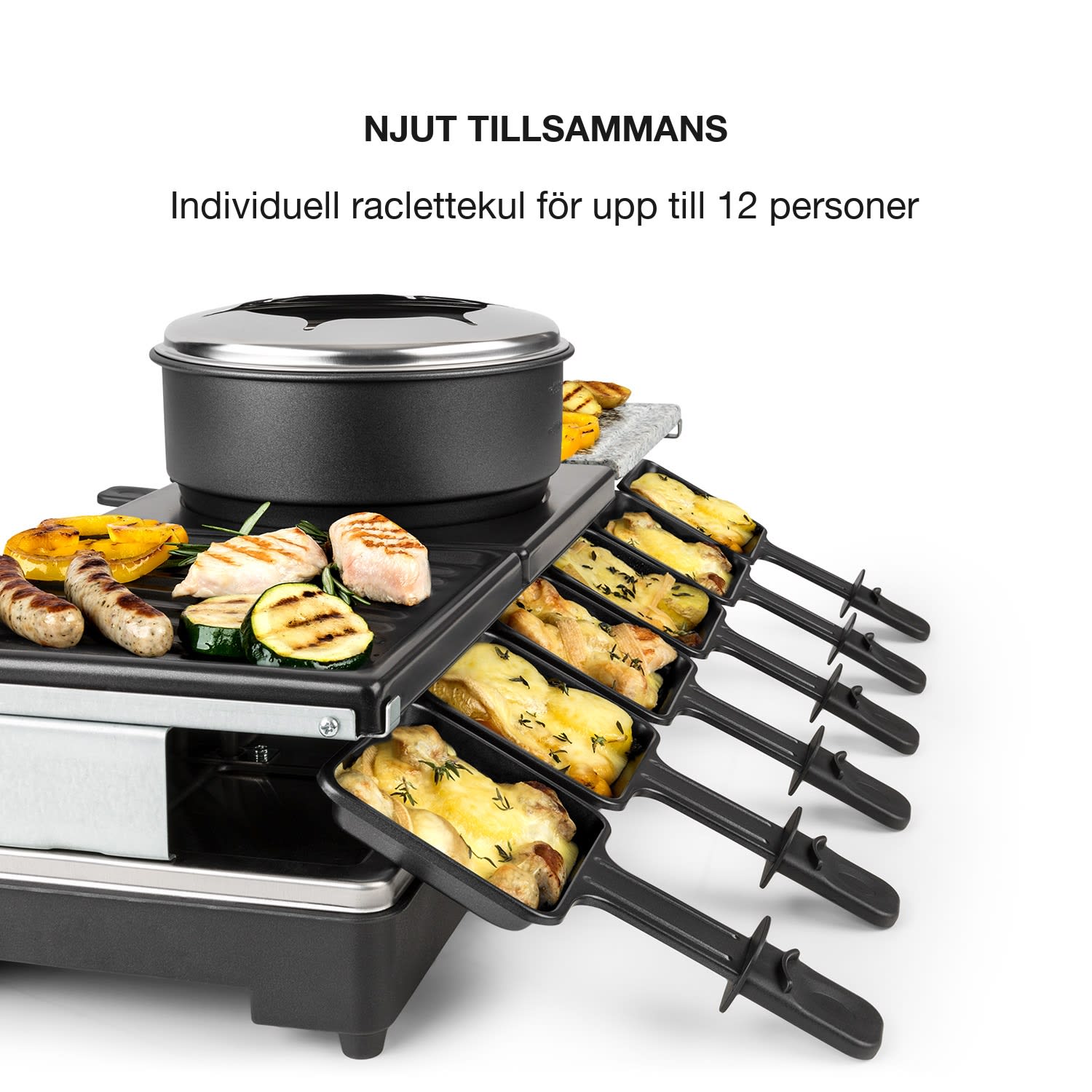 Fonduelette XL 3-in-1 Raclettegrill & fondue natursten 1650W 12 Personer 