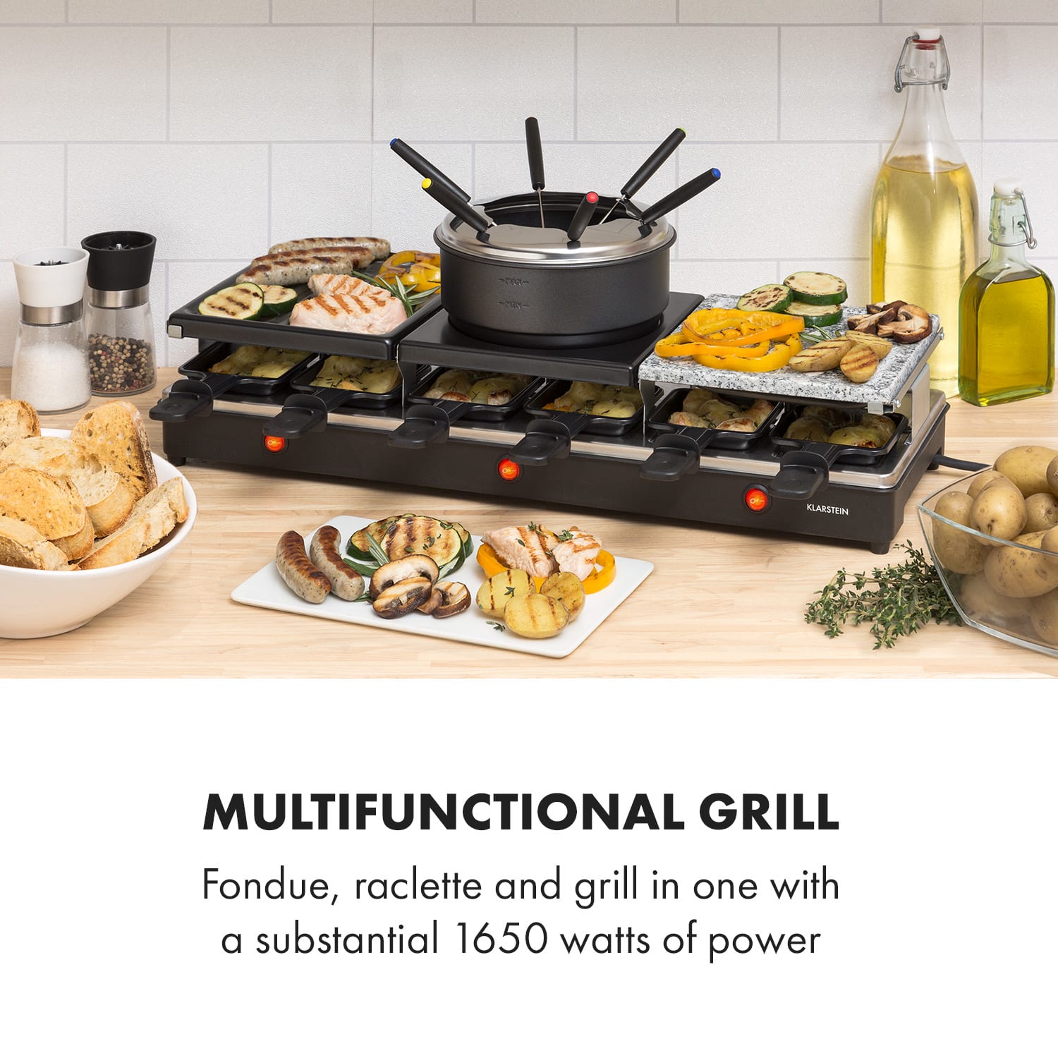 Fonduelette XL, 3-in-1 Raclette Grill & Fondue, Natural Stone, 1650W, 12 people 
