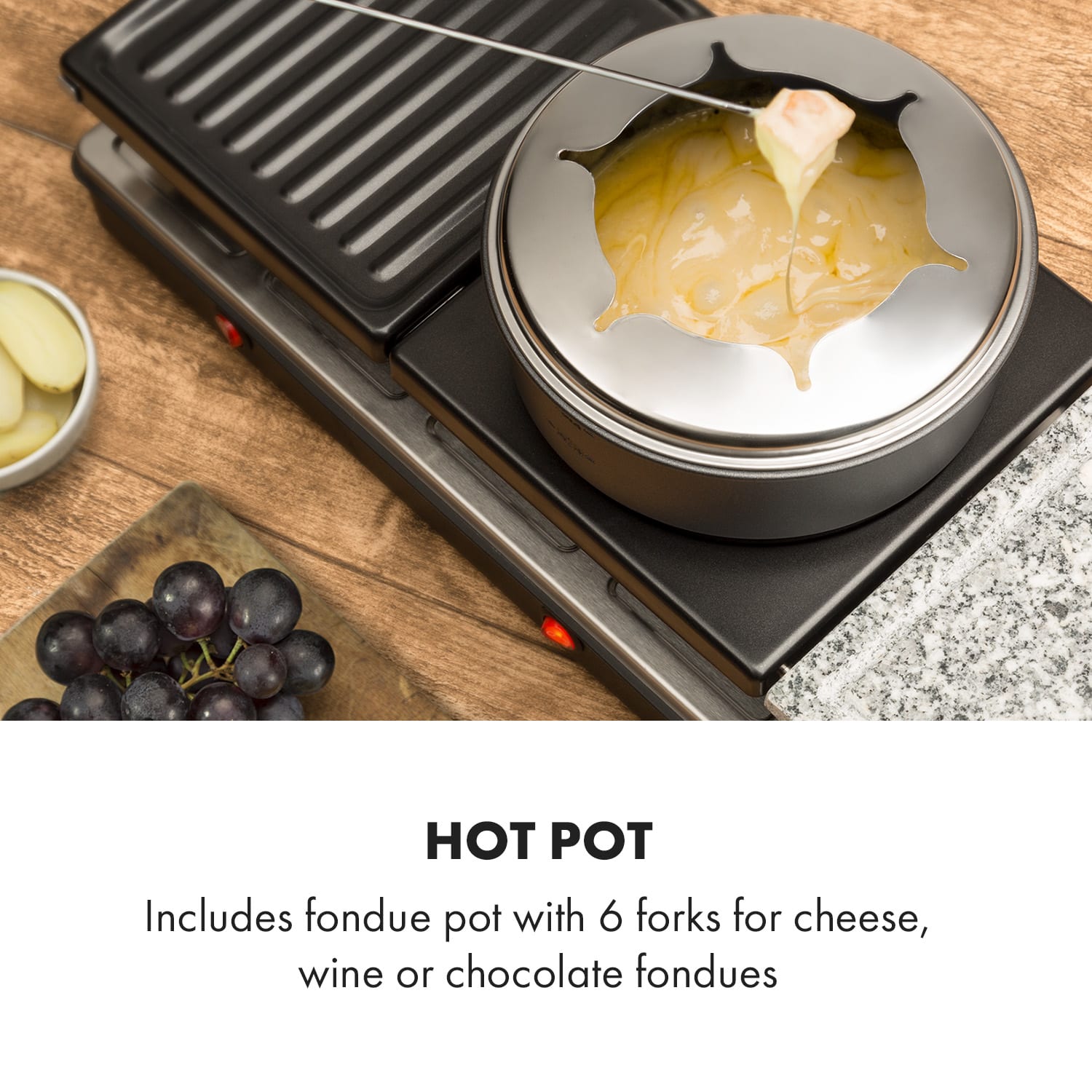 Fonduelette XL, 3-in-1 Raclette Grill & Fondue, Natural Stone, 1650W, 12 people 