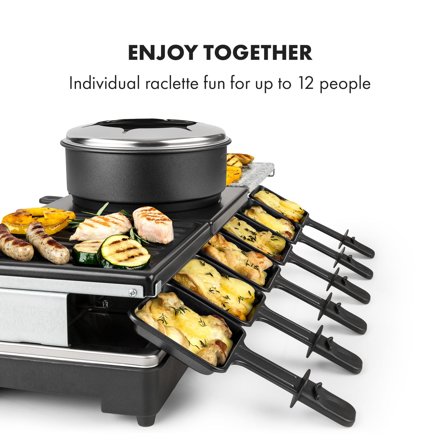 Fonduelette XL, 3-in-1 Raclette Grill & Fondue, Natural Stone, 1650W, 12 people 