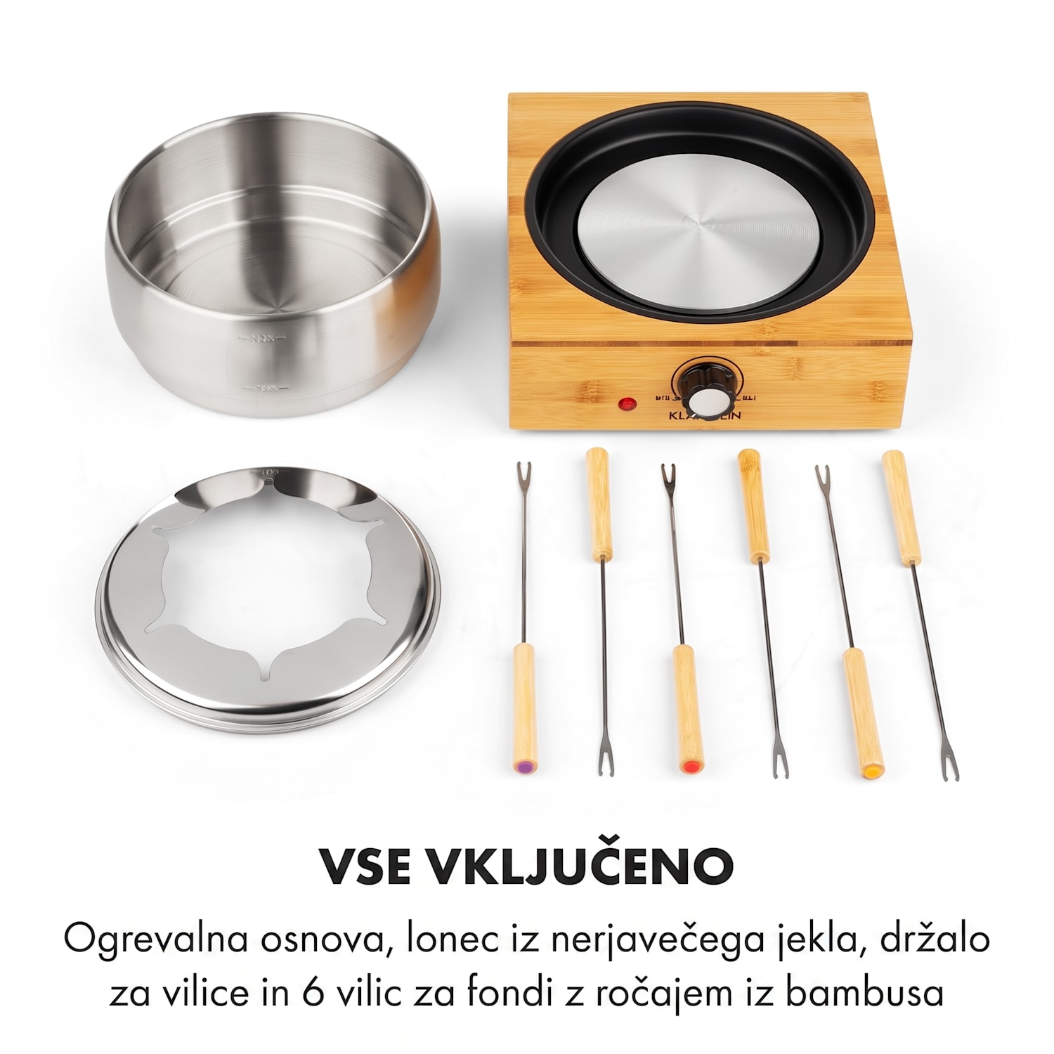 Bambusov fondue, lonec iz nerjavečega jekla, 800W 