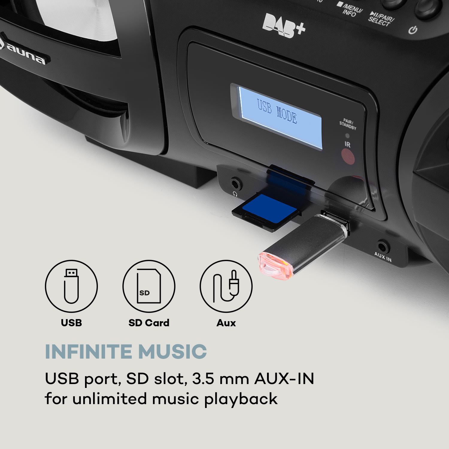Soundblaster, DAB, Boombox, Bluetooth, CD / MP3 / USB / AUX, DAB + / UKW, LED, 50Wmax.