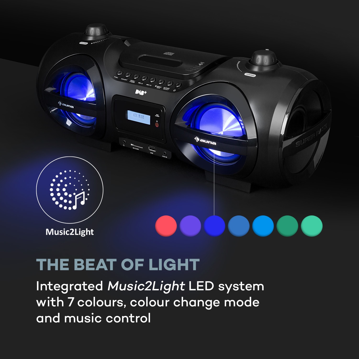 Soundblaster, DAB, Boombox, Bluetooth, CD / MP3 / USB / AUX, DAB + / UKW, LED, 50Wmax.