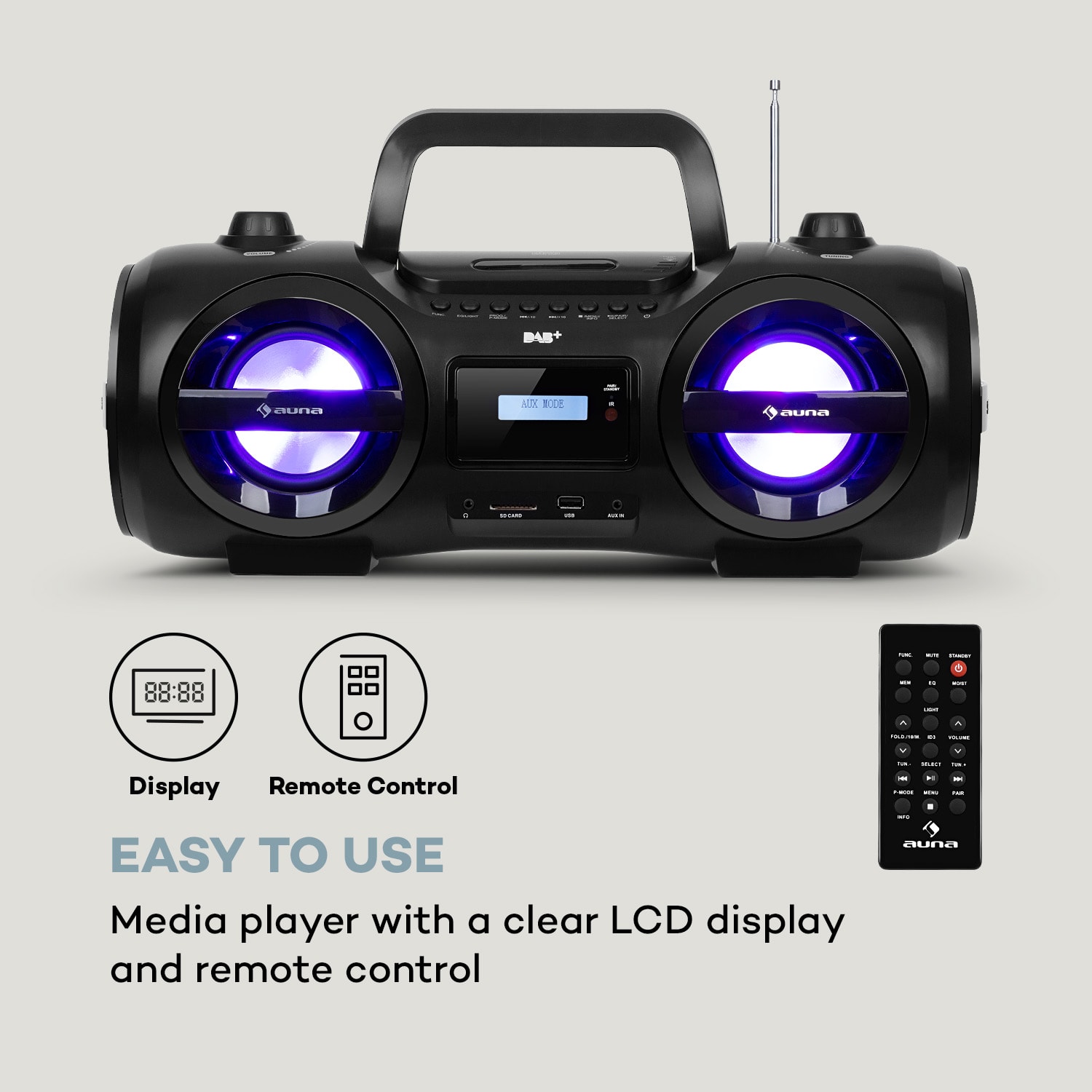 Soundblaster, DAB, Boombox, Bluetooth, CD / MP3 / USB / AUX, DAB + / UKW, LED, 50Wmax.