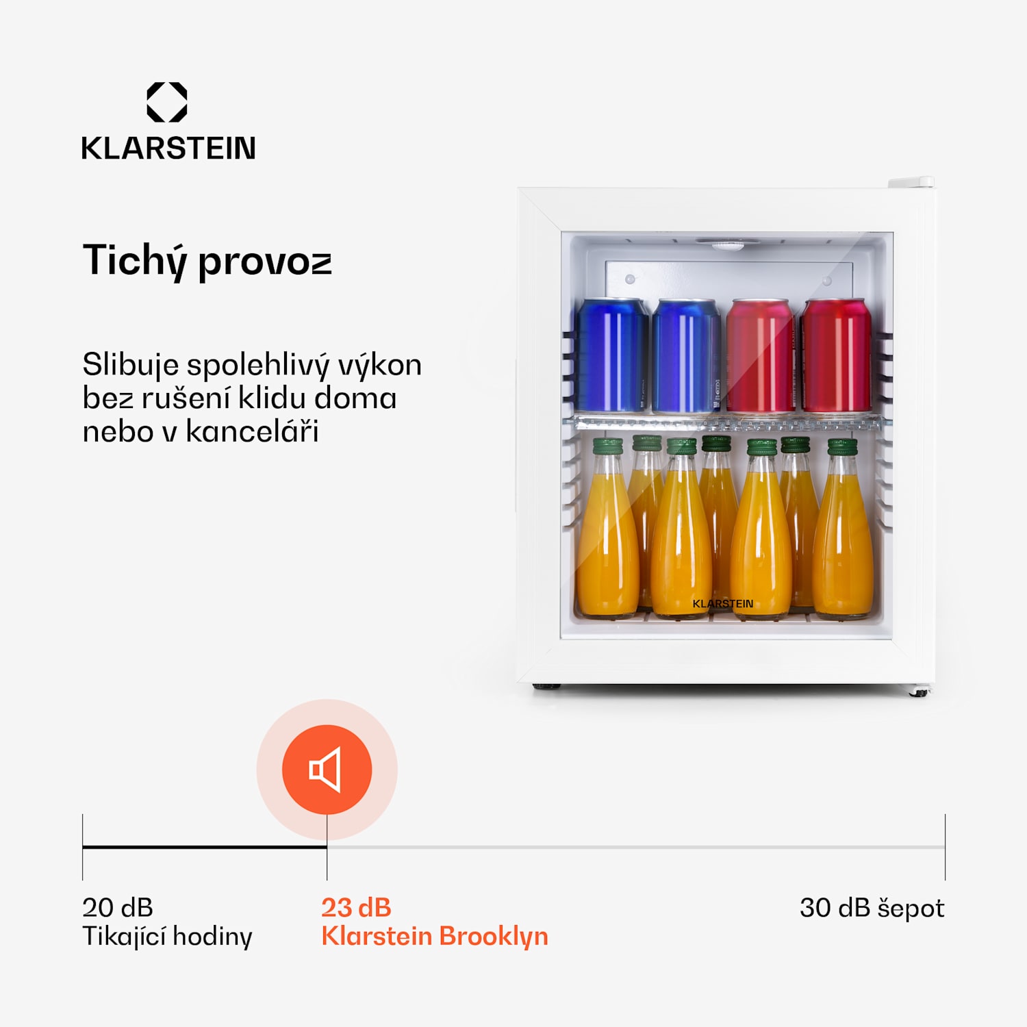 Brooklyn 23 Silver, mini lednice, energetická třída E, skleněné dveře, LED, police, stříbrná 23 litrů | Bílá | Bílá