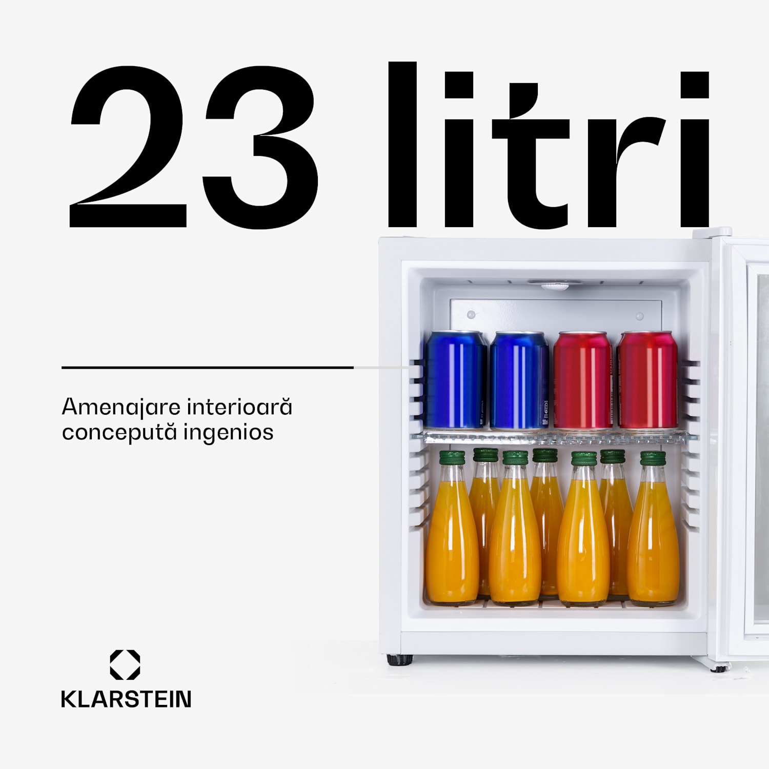 Brooklyn 24, mini-frigider, cu uși din sticla, iluminare LED, rafturi 23 Ltr | Alb | Alb