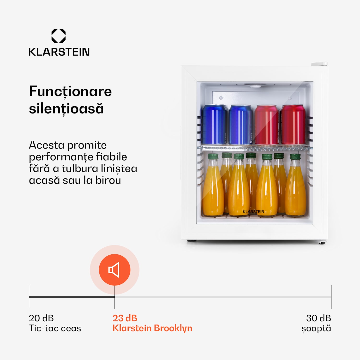 Brooklyn 24, mini-frigider, cu uși din sticla, iluminare LED, rafturi 23 Ltr | Alb | Alb