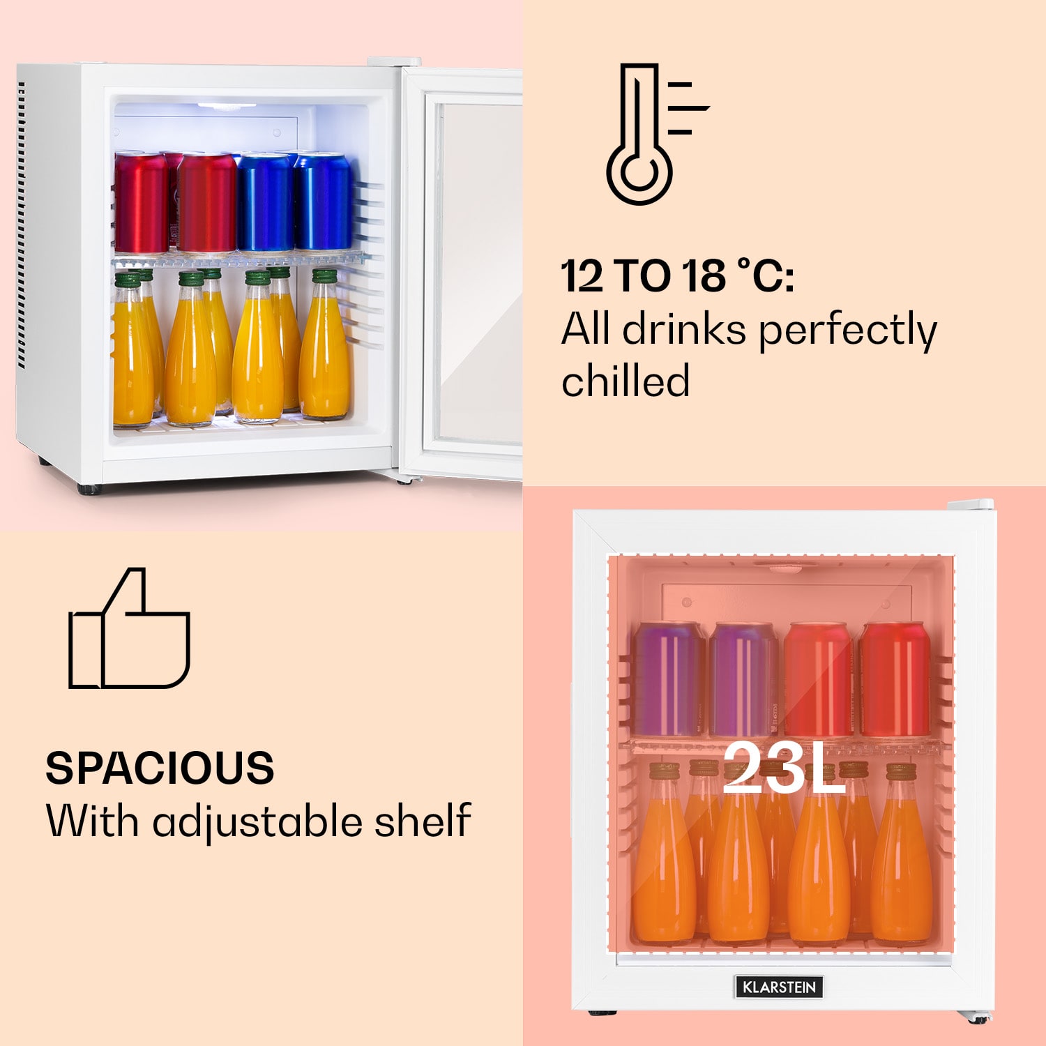 Brooklyn 24, mini hűtőszekrény, üvegajtó, LED világítás, polcok 24 Ltr | Fehér