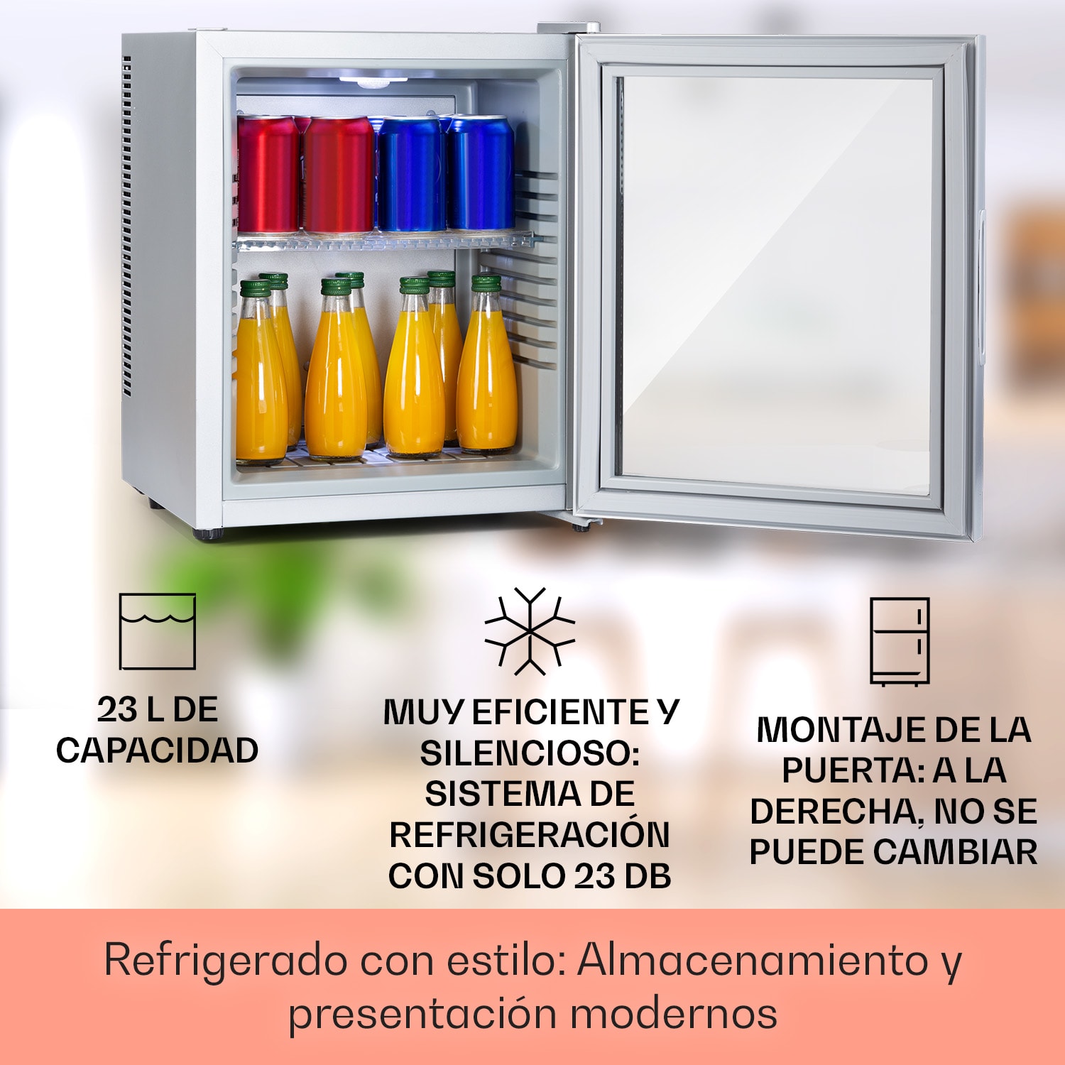 Mini frigorífico Brooklyn 23 puerta de cristal estante LED 23 L | Plata | Blanco