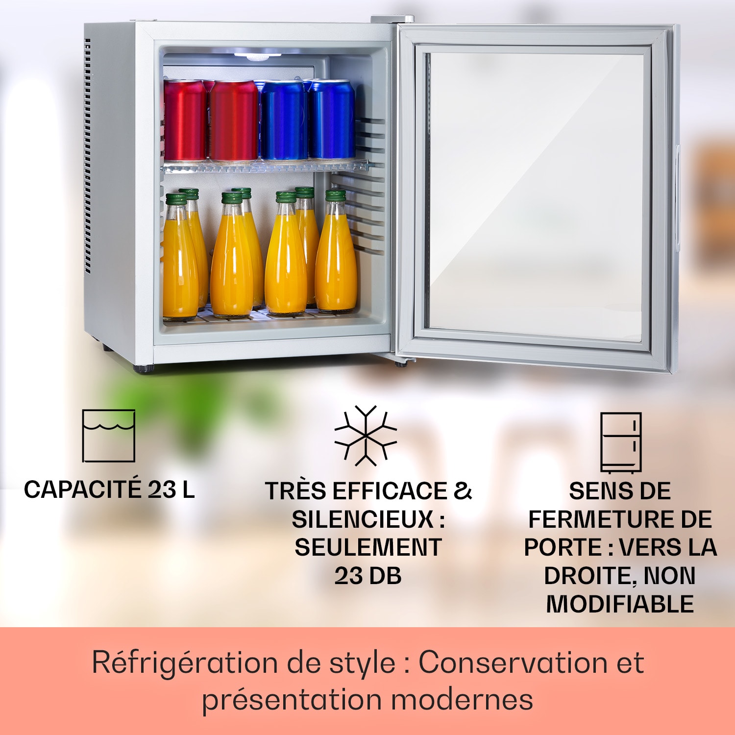 Brooklyn 23 Mini-réfrigérateur porte vitrée compartiments LED 23 L | Argent | Blanc