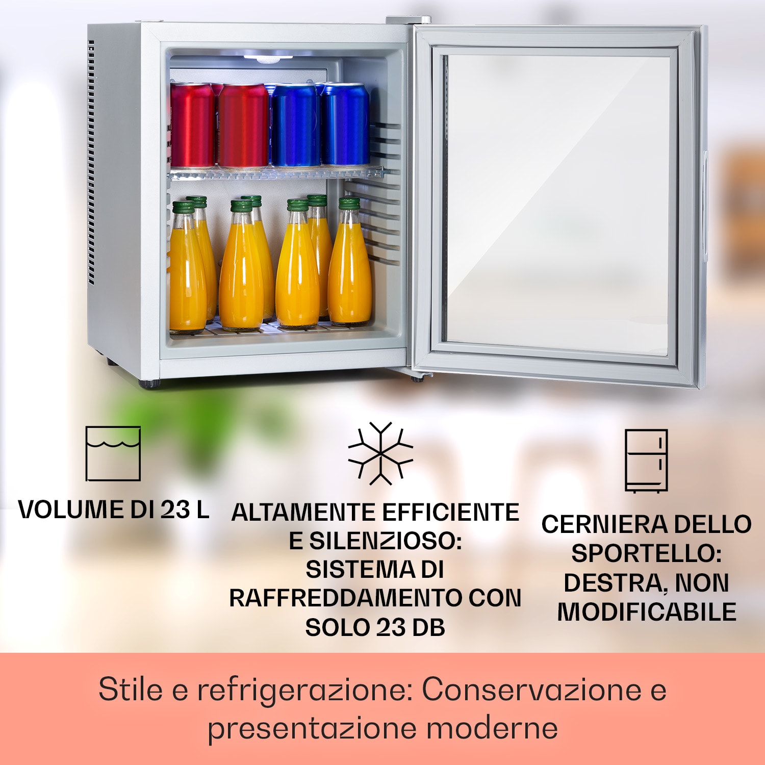 Brooklyn 23 mini frigo, sportello di vetro, LED, ripiano 23 L | Argento | Bianco