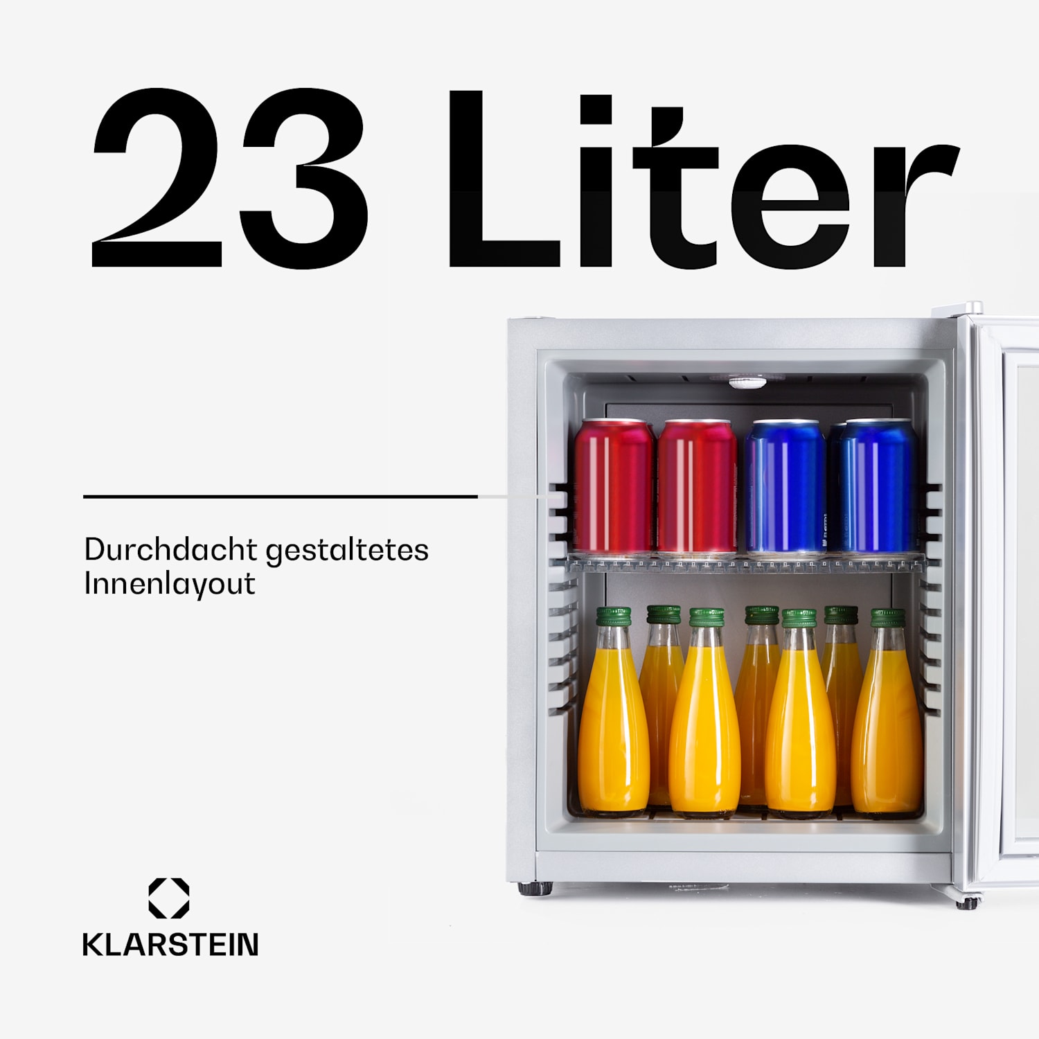 Brooklyn 23 Mini-Kühlschrank Glastür LED Ablage 23 L | Silber | Weiß