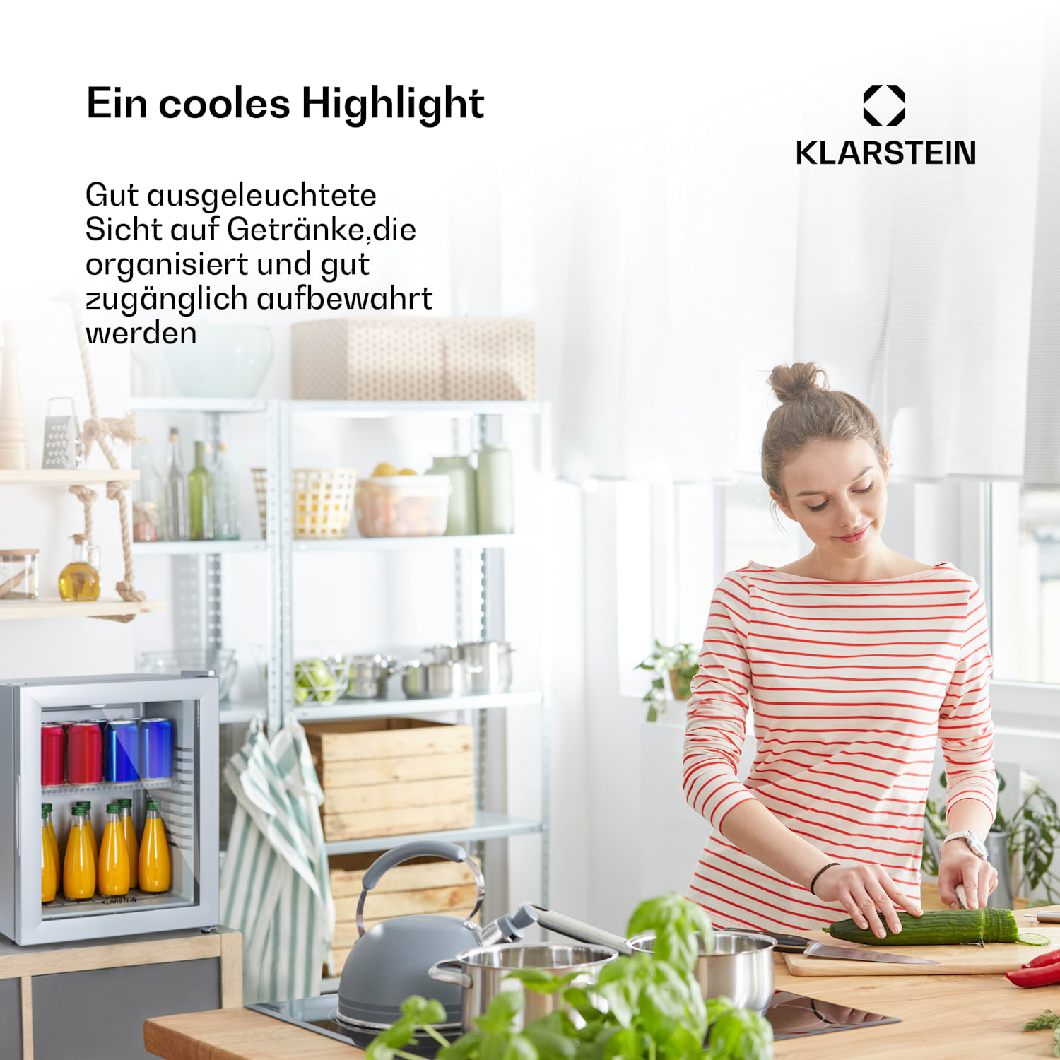 Brooklyn 24 mini frigo, sportello di vetro, LED, ripiano 23 Ltr | Argento | Bianco