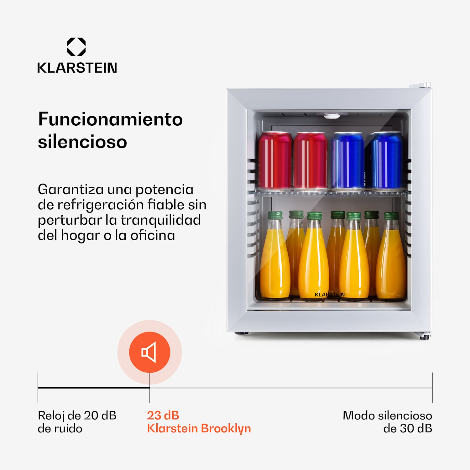 Mini frigorífico Brooklyn 24 puerta de cristal estante LED 23 L | Plata | Blanco