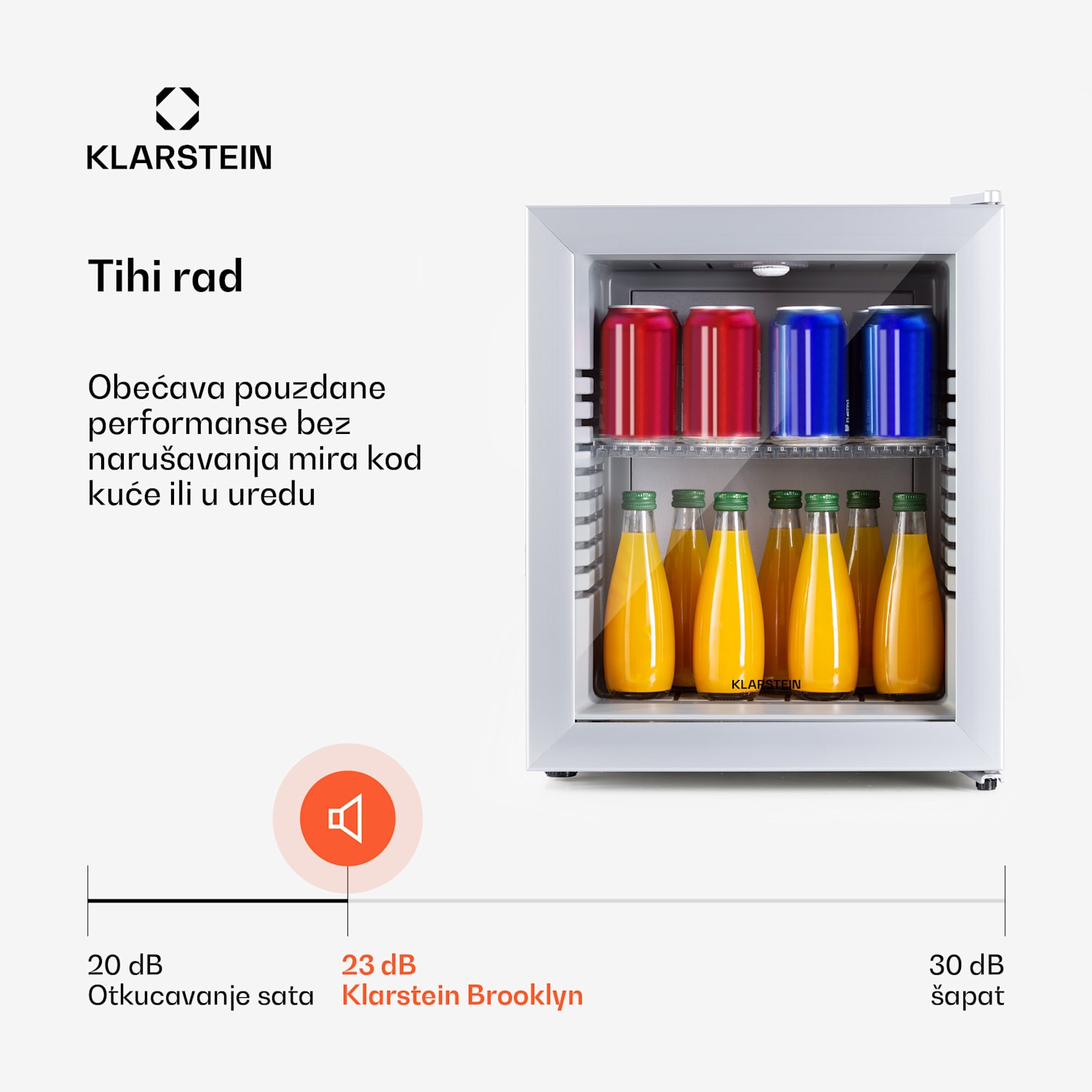 Brooklyn 24, mini hladnjak, staklena vrata, LED osvjetljenje, police 23 Ltr | Srebro | Bijela