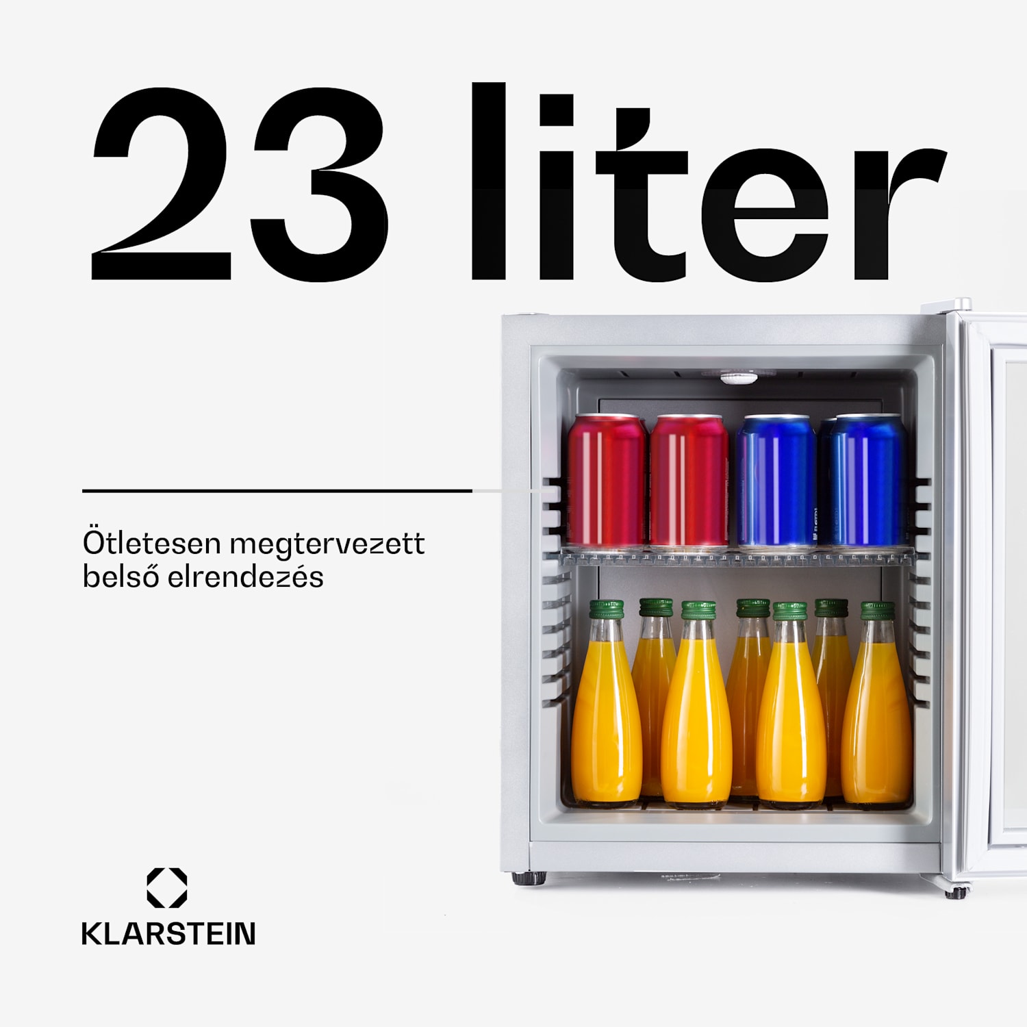 Brooklyn 24, mini hűtőszekrény, üvegajtóval, LED világítás, polcok 23 Ltr | Ezüst | Fehér