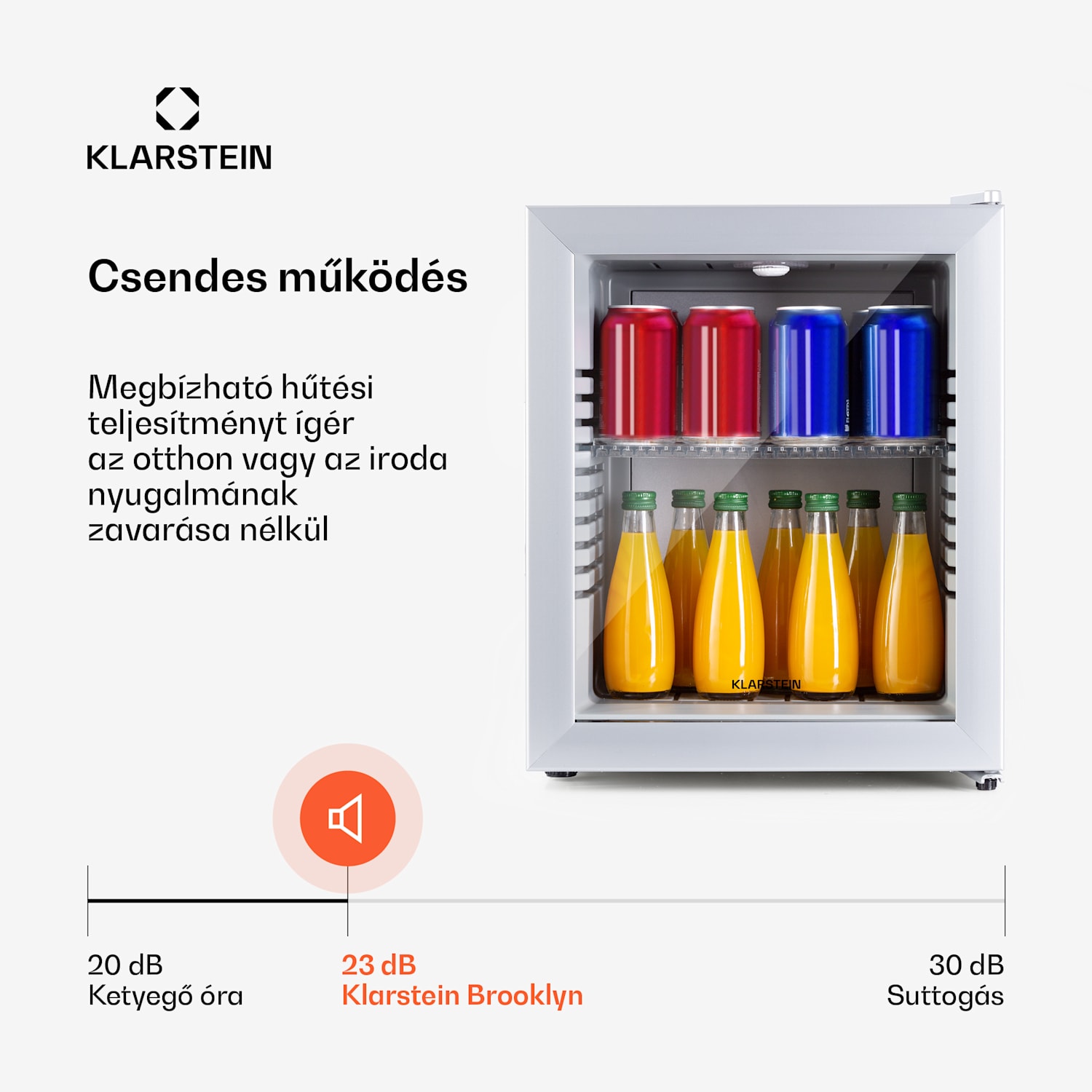 Brooklyn 24, mini hűtőszekrény, üvegajtóval, LED világítás, polcok 23 Ltr | Ezüst | Fehér