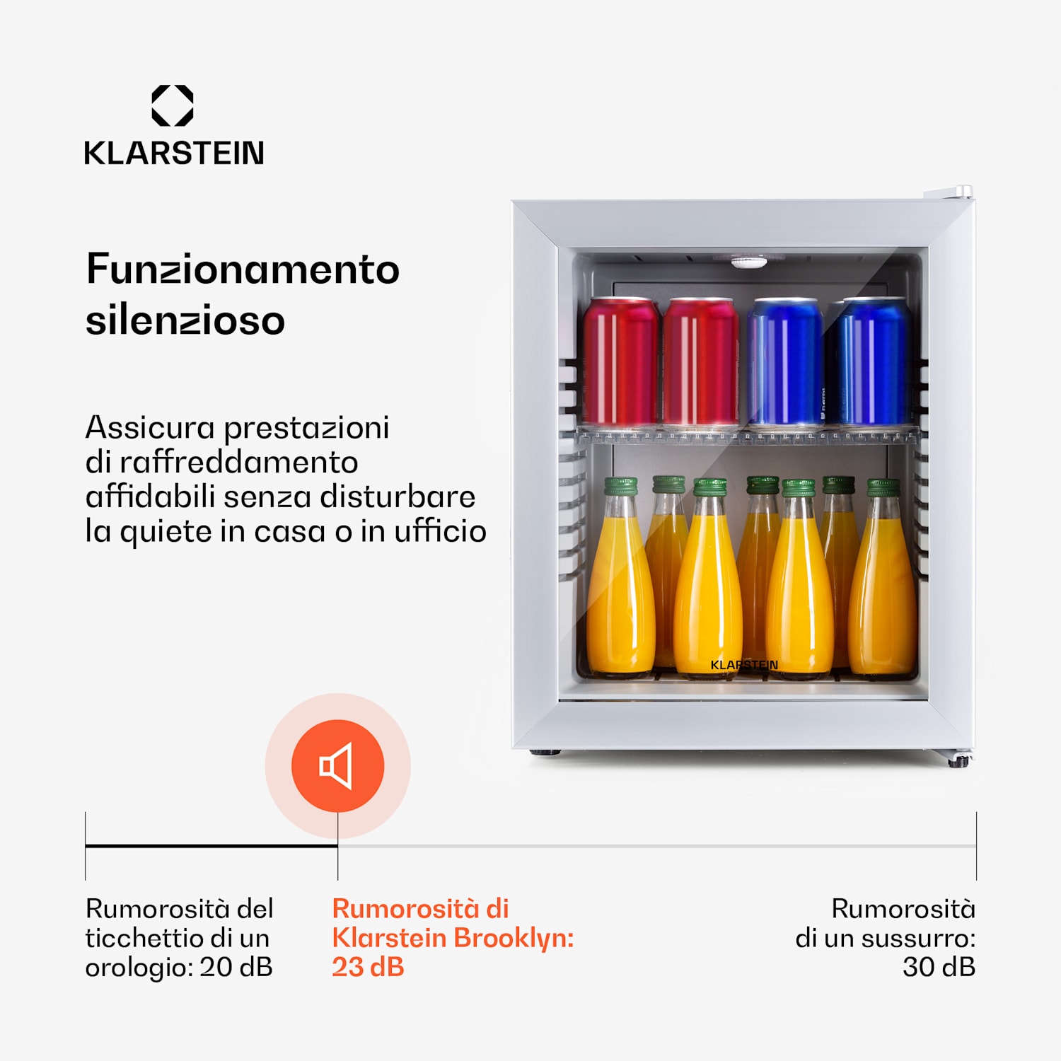 Brooklyn 24 mini frigo, sportello di vetro, LED, ripiano 23 Ltr | Argento | Bianco