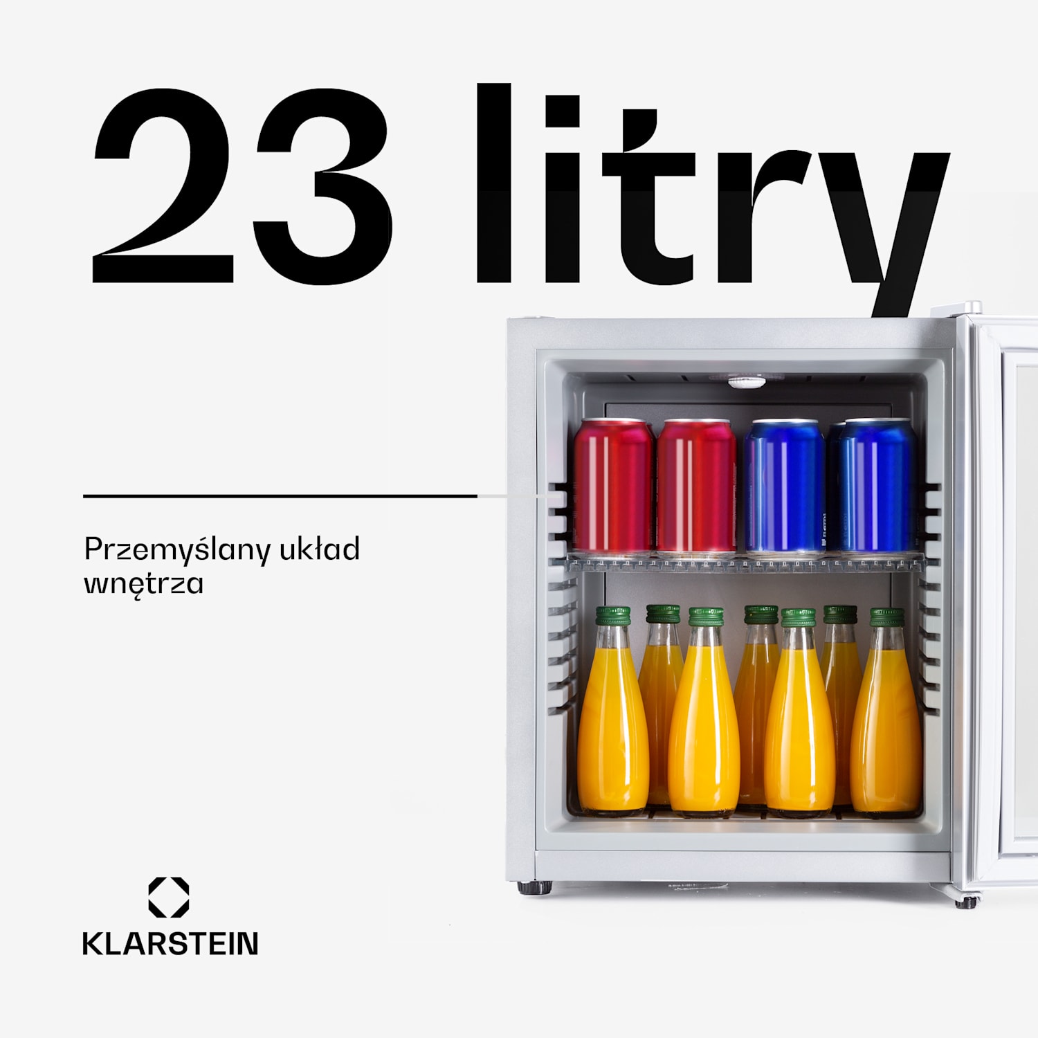 Brooklyn 24, mini lodówka, szklane drzwi, LED, półka 23 Ltr | Srebrny | Biały