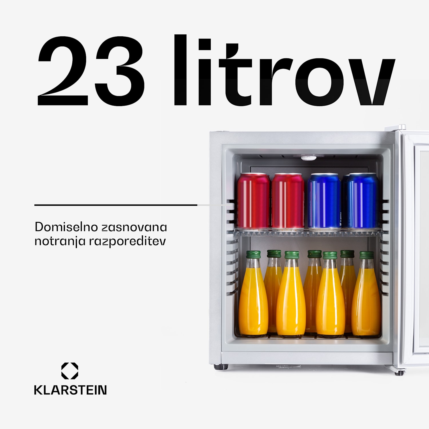 Brooklyn 24, mini hladilnik, s steklenimi vrati, LED osvetlitvijo, policami 23 Ltr | Srebrna | Bela