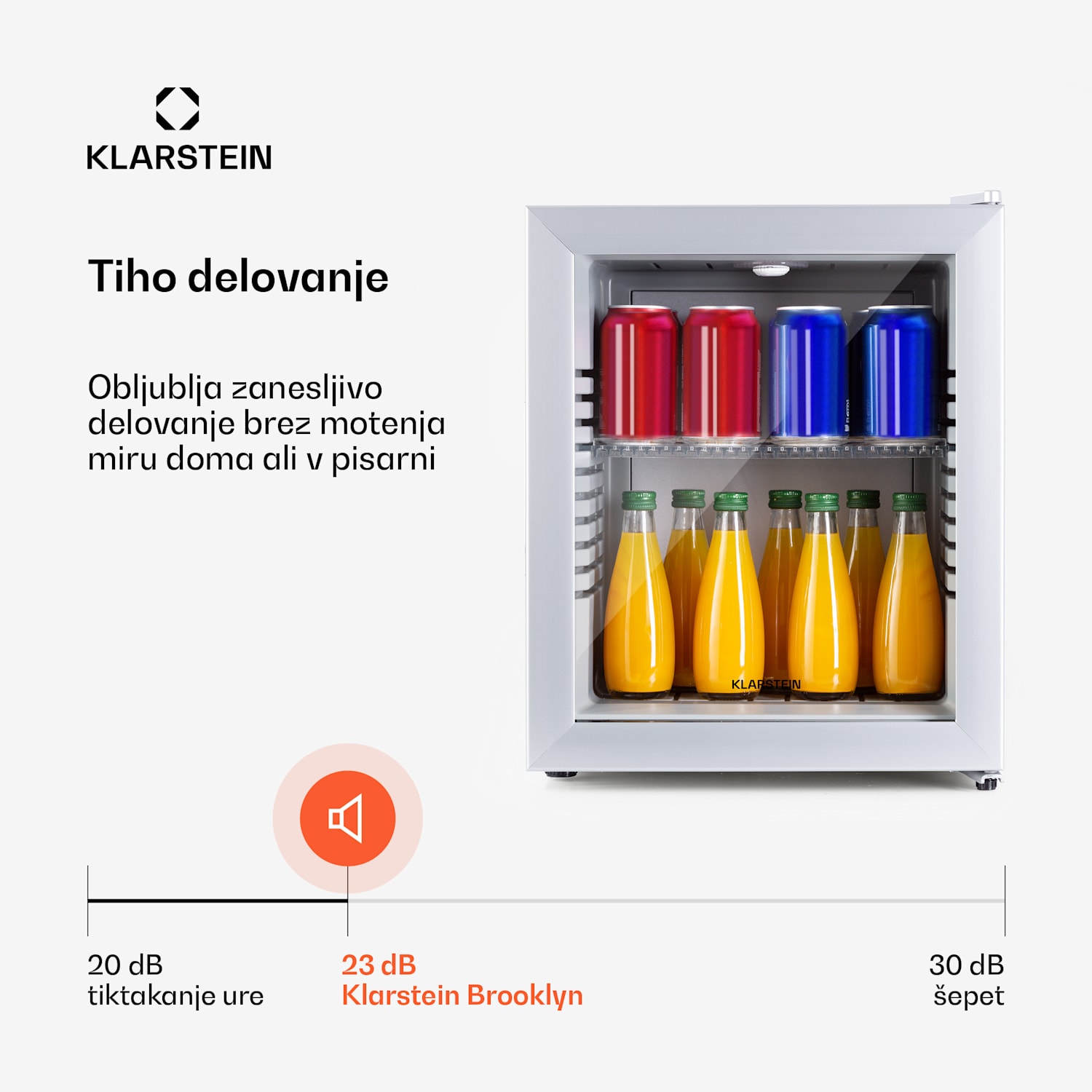 Brooklyn 24, mini hladilnik, s steklenimi vrati, LED osvetlitvijo, policami 23 Ltr | Srebrna | Bela