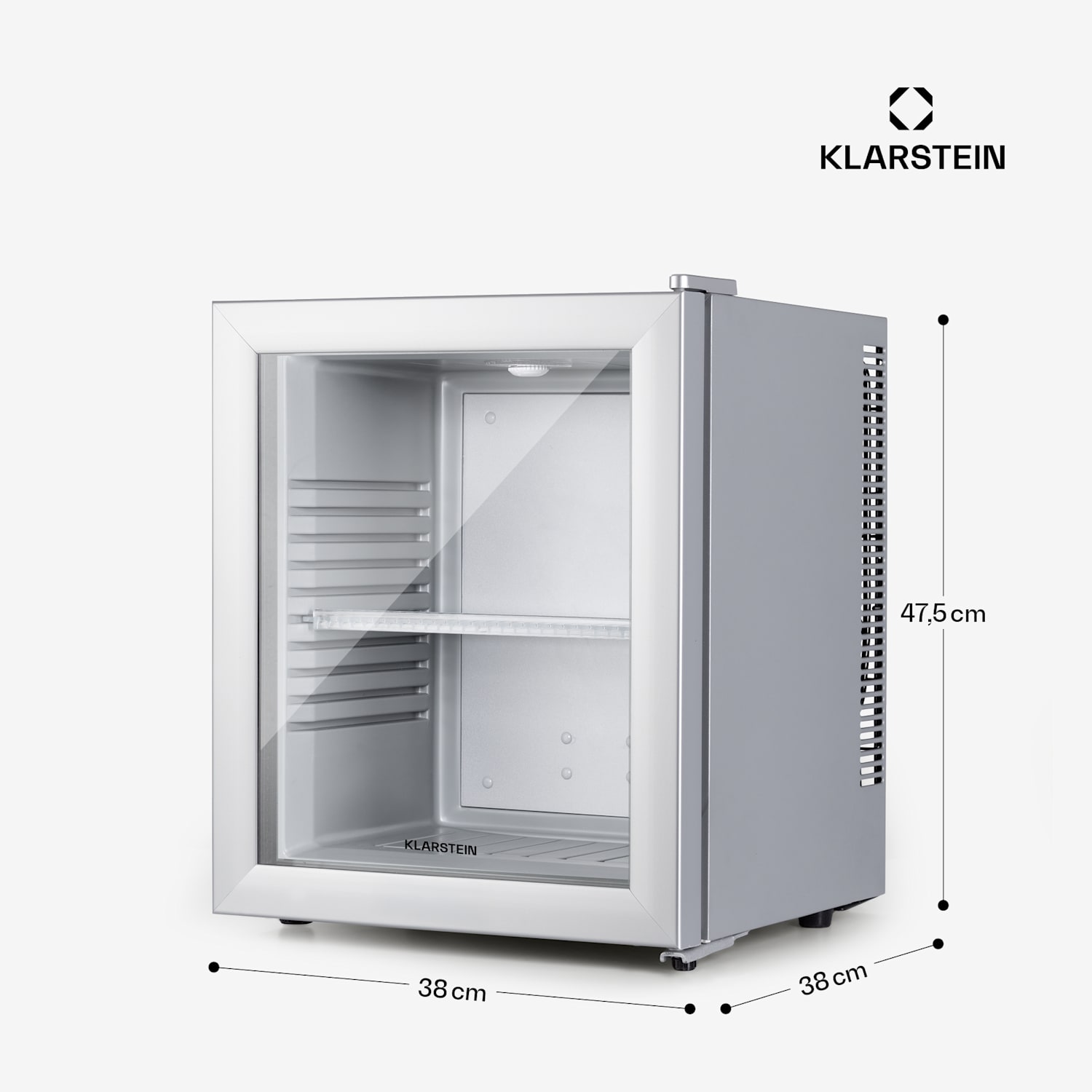 Brooklyn 24, mini-frigider, cu uși din sticla, iluminare LED, rafturi 23 Ltr | Argintiu | Alb